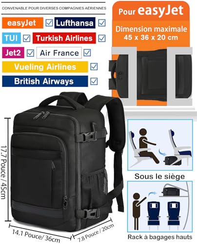 Detalle de KLOSTAIN Sac à Dos Voyage Cabine Avion 45x36x20 cm – 30 L, 14'' Laptop, Noir