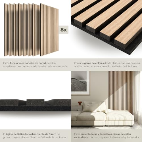 Detalle de tectake Paneles Acústicos 110x50 cm - Madera auténtica, 3D y cortables (8 uds)