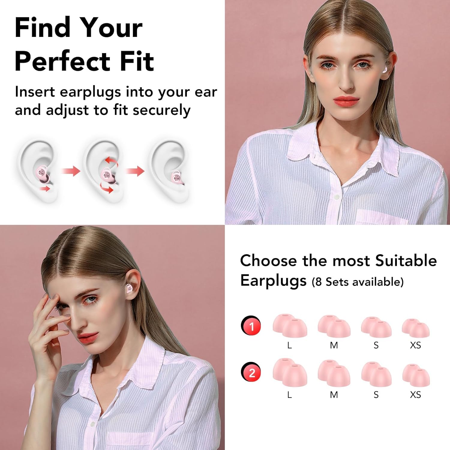 Detalle 2 de Ear Plugs for Sleep 45dB Noise Cancelling Silicone Earplugs with 8 Tips (XS/S/M/L) & Case (Pink)