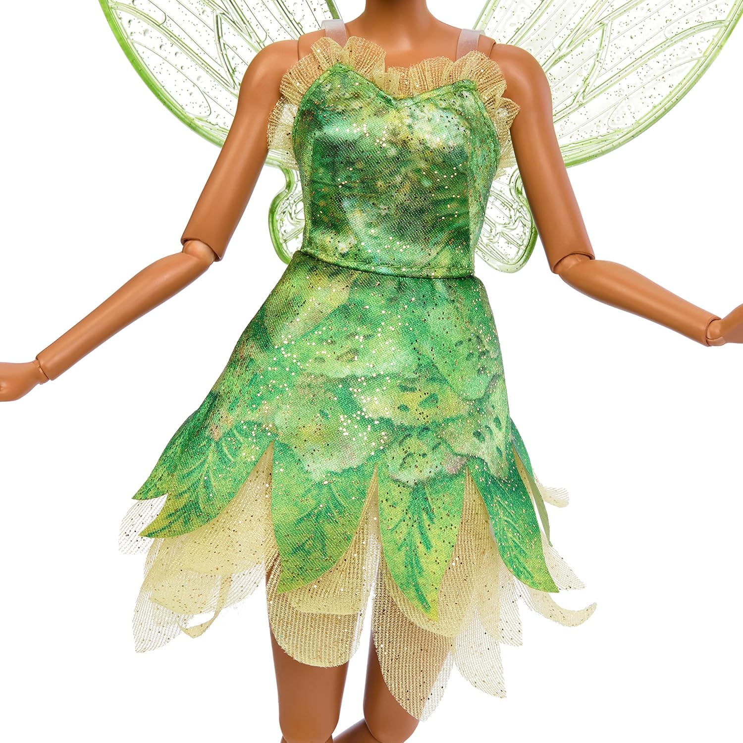 Detalle de Poupée Fée Clochette Disney Peter Pan et Wendy – version articulée avec robe verte et ailes scintillantes (HNY37)