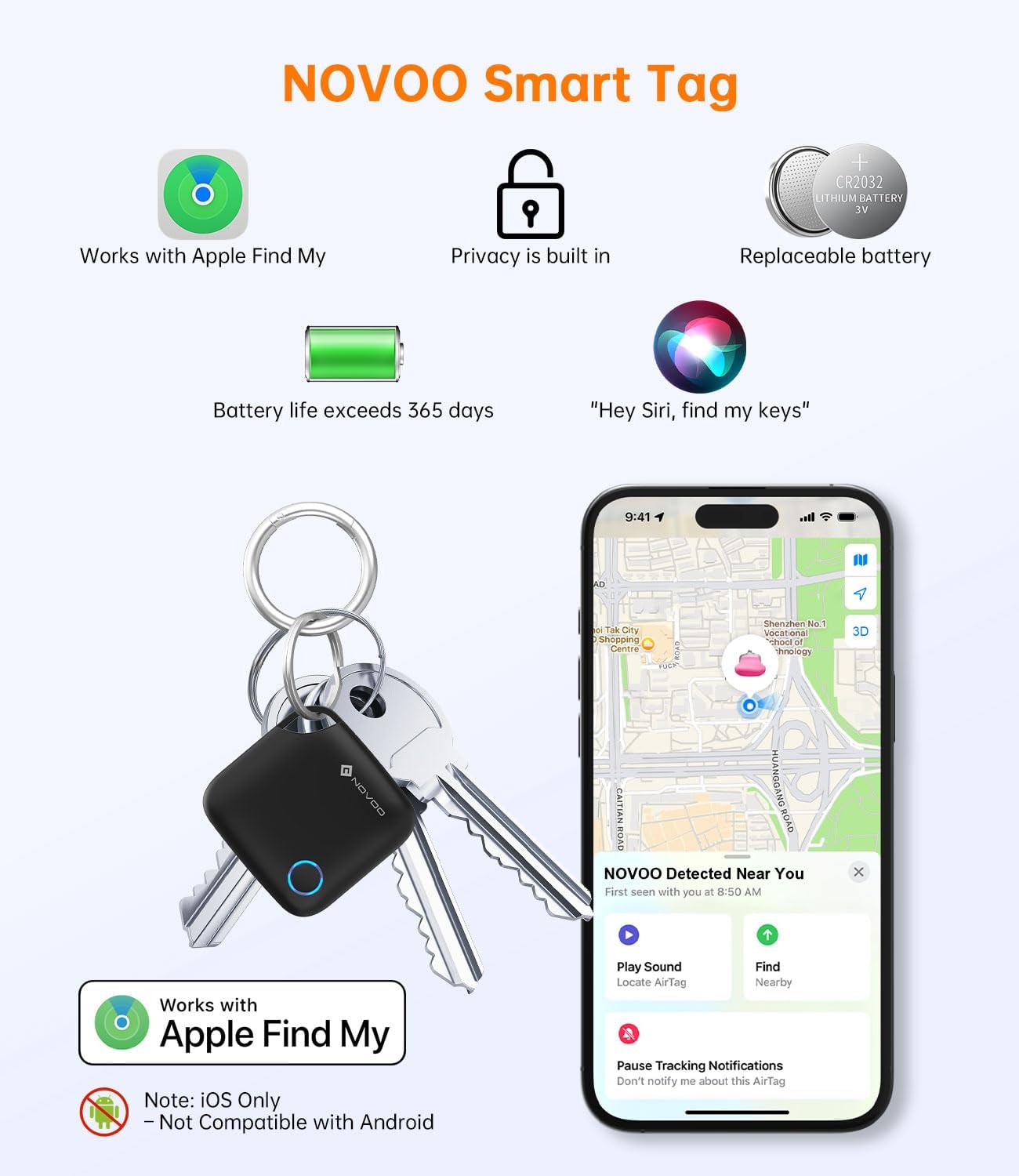 Detalle de NOVOO Smart Tag for Apple Find My (iOS Only) – 4 Pack with Loud 80dB Alarm & Replaceable Battery