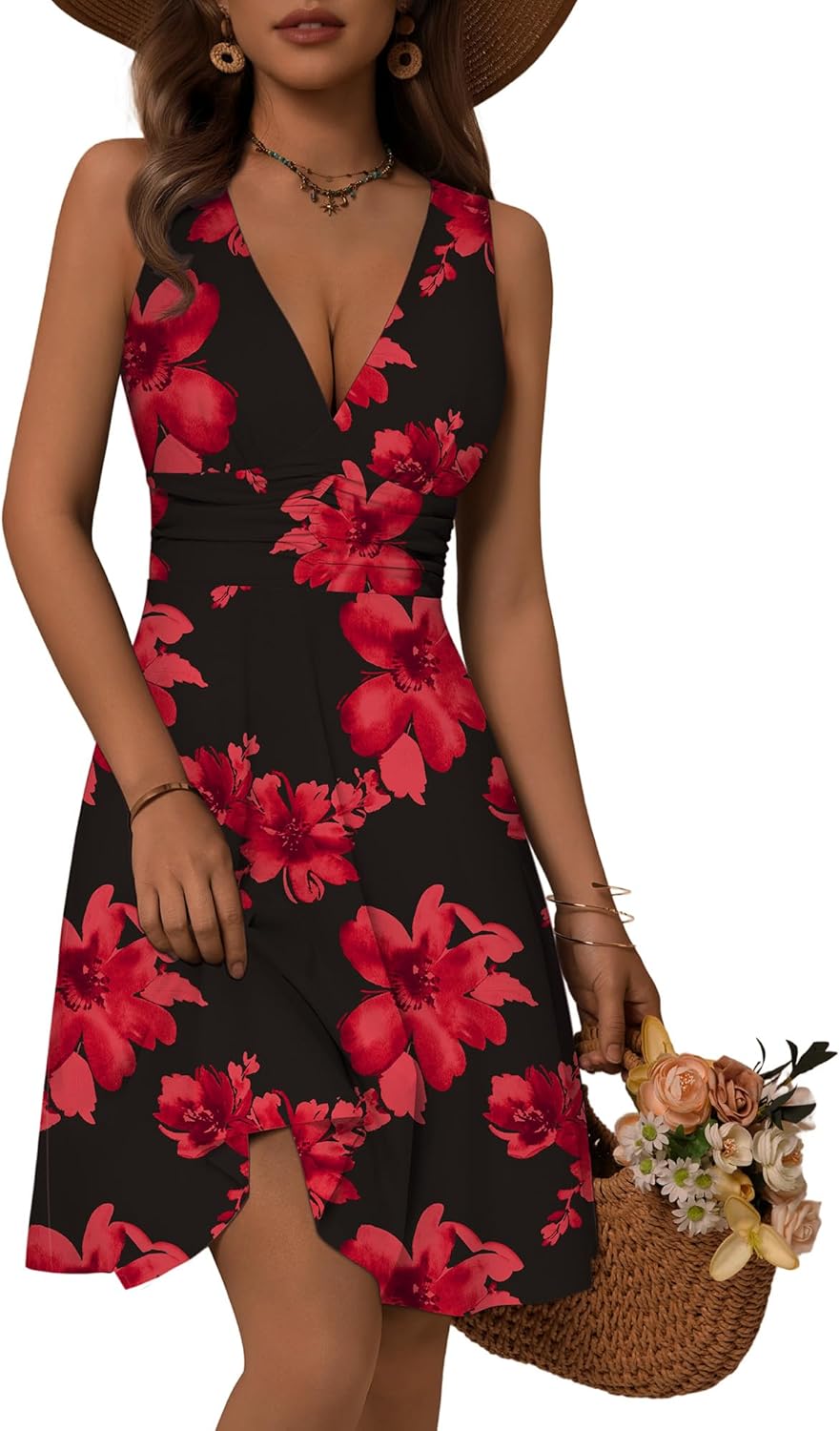 Detalle de OURIN Women's Spring Deep V-Neck Sleeveless Floral Sundress with Pockets