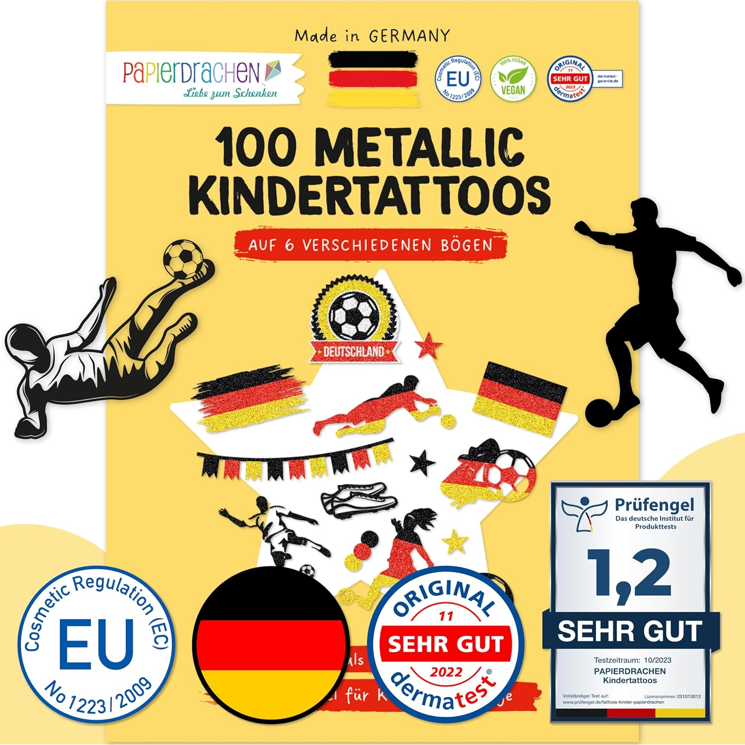 Papierdrachen 100 Metallic Tattoos – Glitzer-Tattoos für Deutschland-Fans, vegan & geprüft