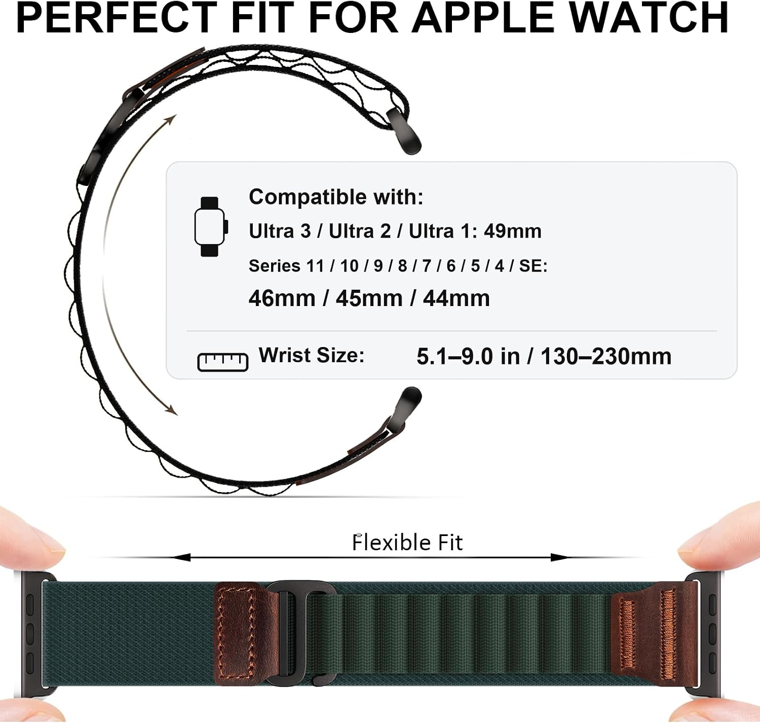 Thumbnail 1 de MRAIN-H Dark Green Nylon and Leather Apple Watch Band, Stretch Fit