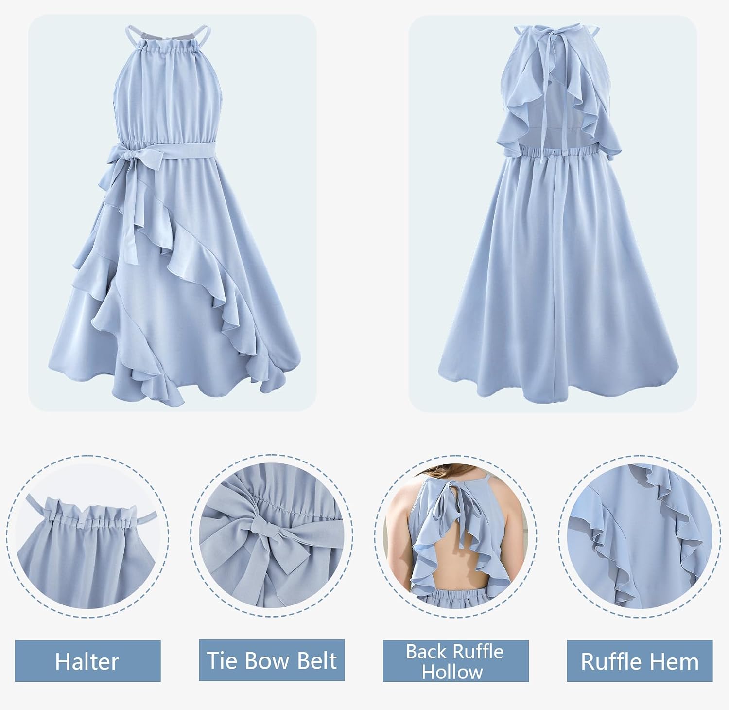 Detalle de Girls Halter Tie-Back Tiered Ruffle A-Line Sundress (Tween, 5–14)