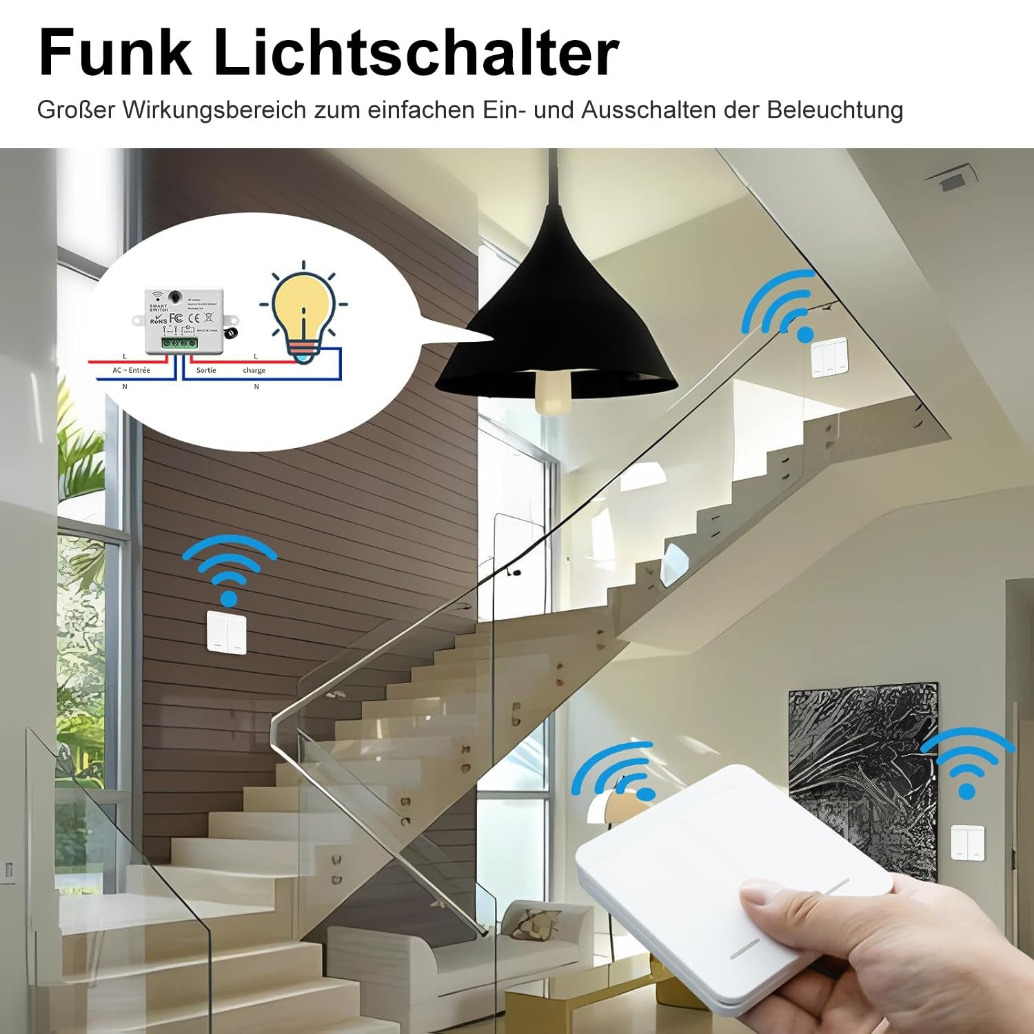 Thumbnail 5 de ARCELI Interrupteur RF 433 MHz – kit récepteur sans fil mural 2200 W/10 A pour maison intelligente