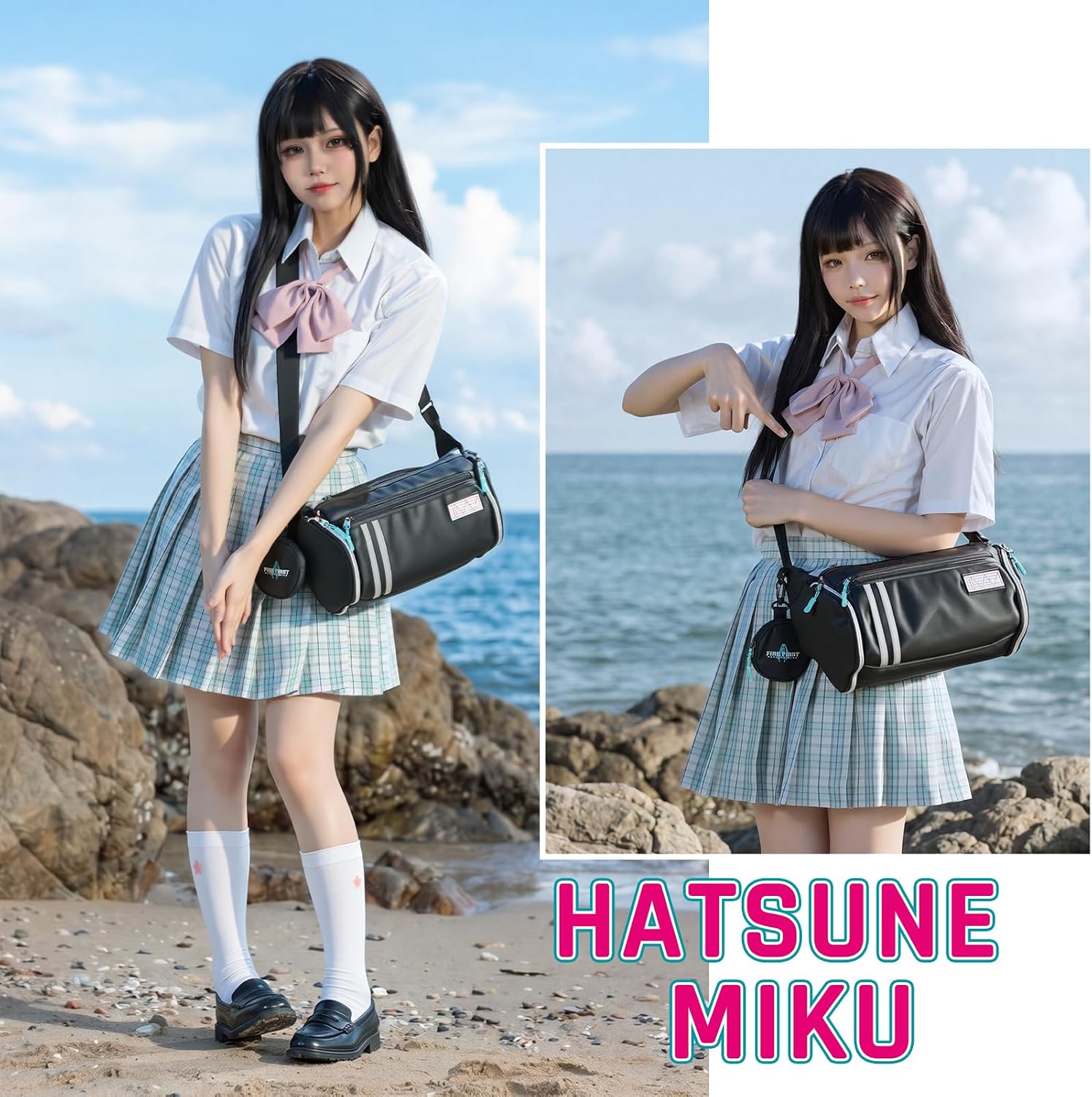 Detalle 2 de FIREFIRST x Hatsune Miku Umhängetasche – Wasserdichte Zweitfachtasche mit dekorativer Kleingeld-/Schmucktasche