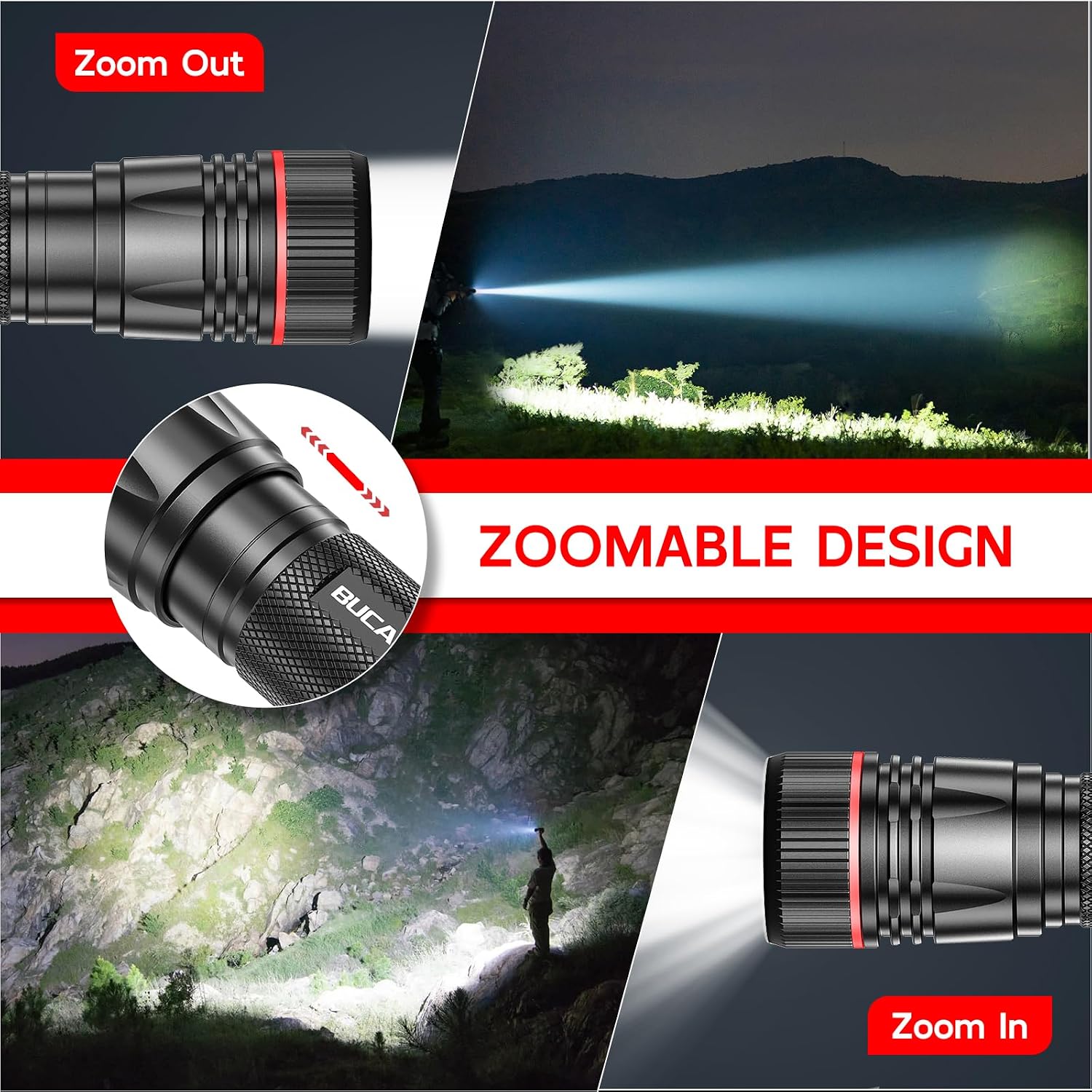 Detalle de BUCASA LED-Taschenlampe, aufladbar (bis zu 2000 Lumen), 3 Modi & Zoombar – 2er-Set für Kinder und Outdoor