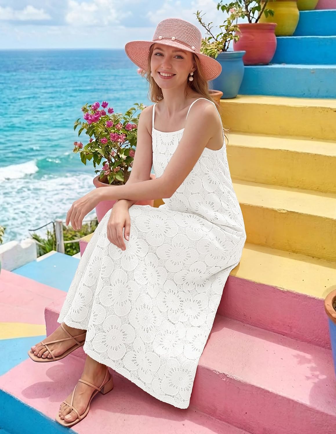 Detalle de MEROKEETY Women's Summer Maxi Dress with Floral Eyelet Lace and Pockets