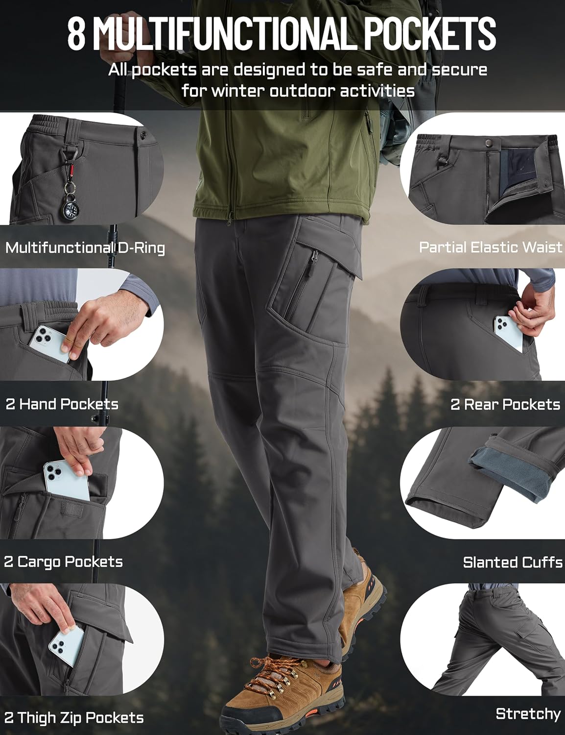 Detalle 1 de TACVASEN Men's Winter Softshell Pants, Fleece-Lined, Water-Resistant, 8 Pockets