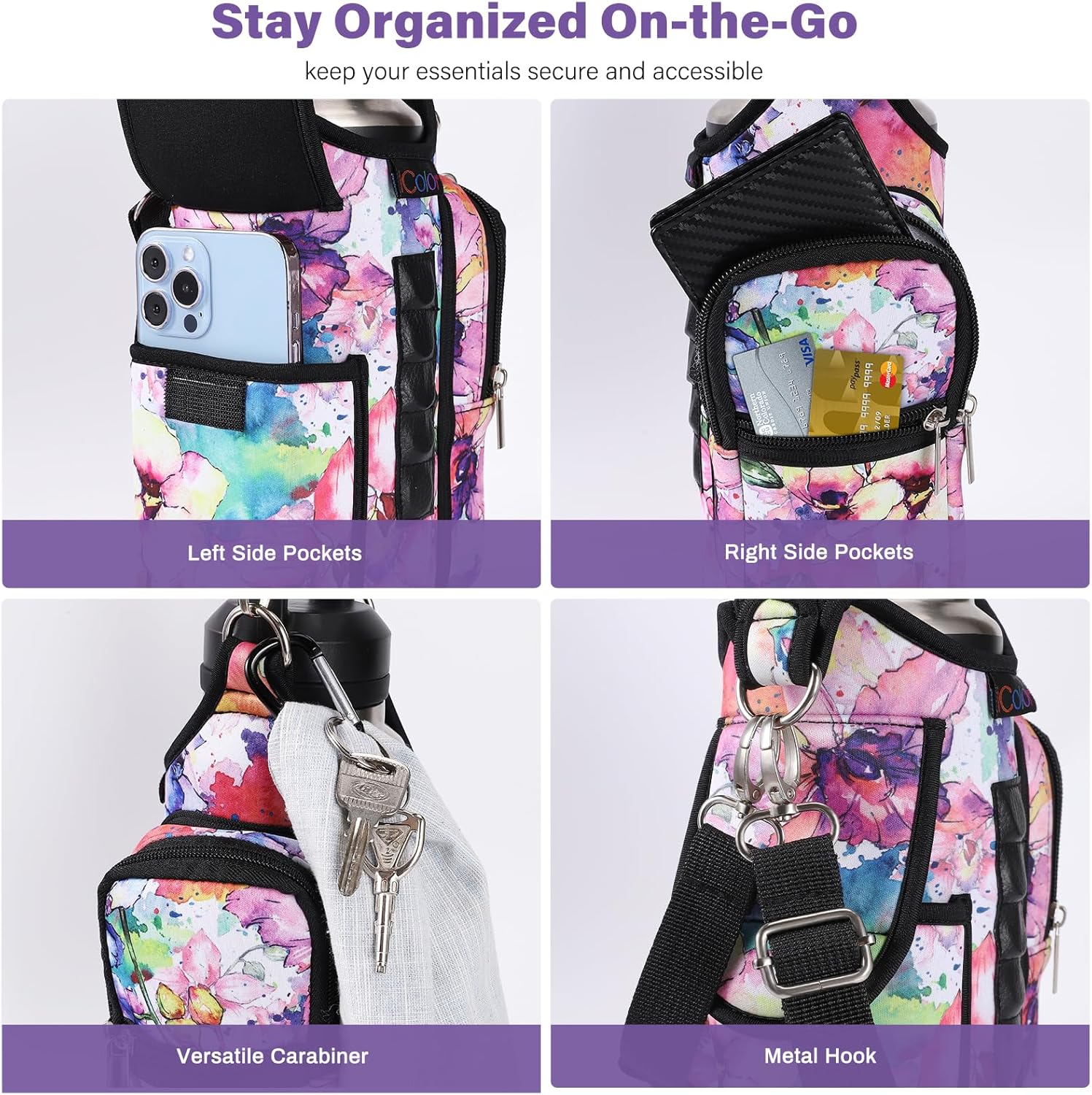 Thumbnail 3 de icolor Magnetic Gym Bag Water Bottle Carrier Holder with Strap & Phone Pockets