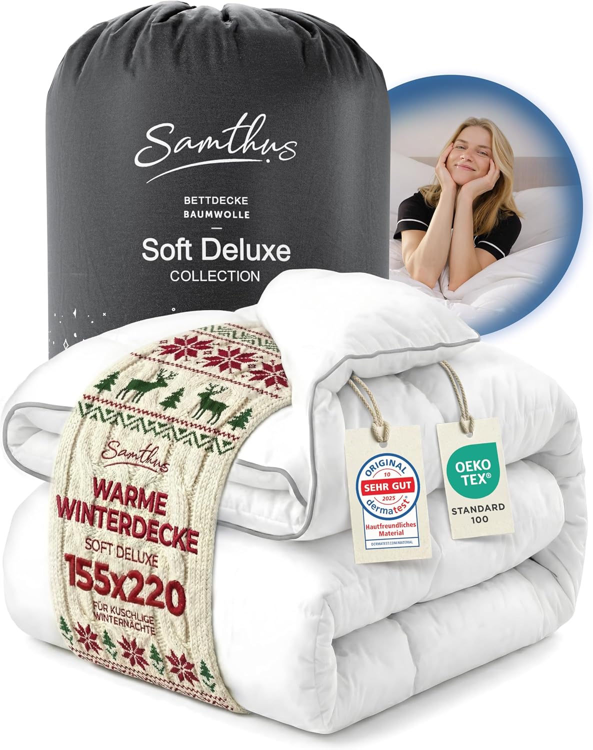 Detalle de Samthus Premium Winterdecke 155x220 cm – Oeko-Tex & Dermatest zertifizierte Bettdecke aus 100% Baumwolle
