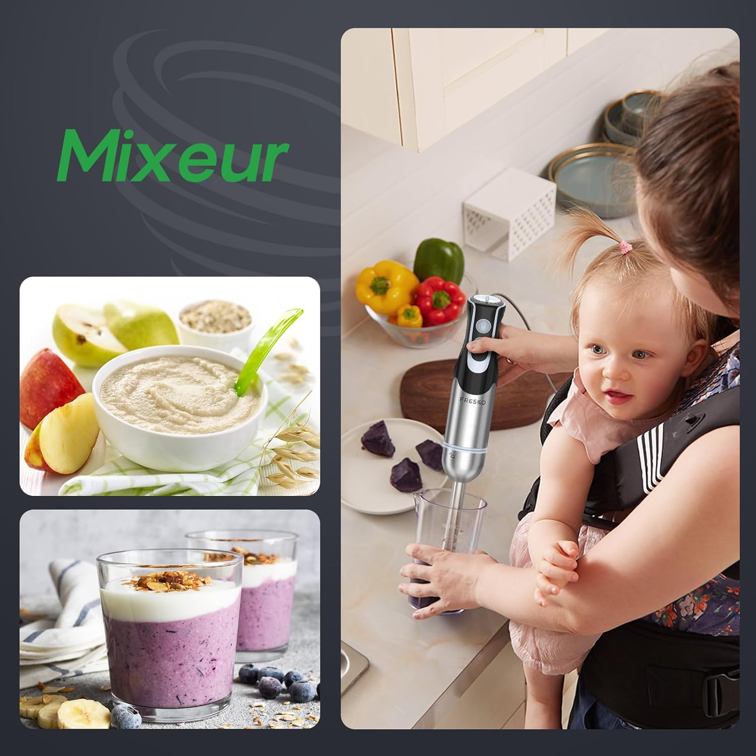 Thumbnail 3 de FRESKO 4-en-1 Mixeur Plongeur HB3302 : puissance 1000 W et 12 vitesses pour tout mixer