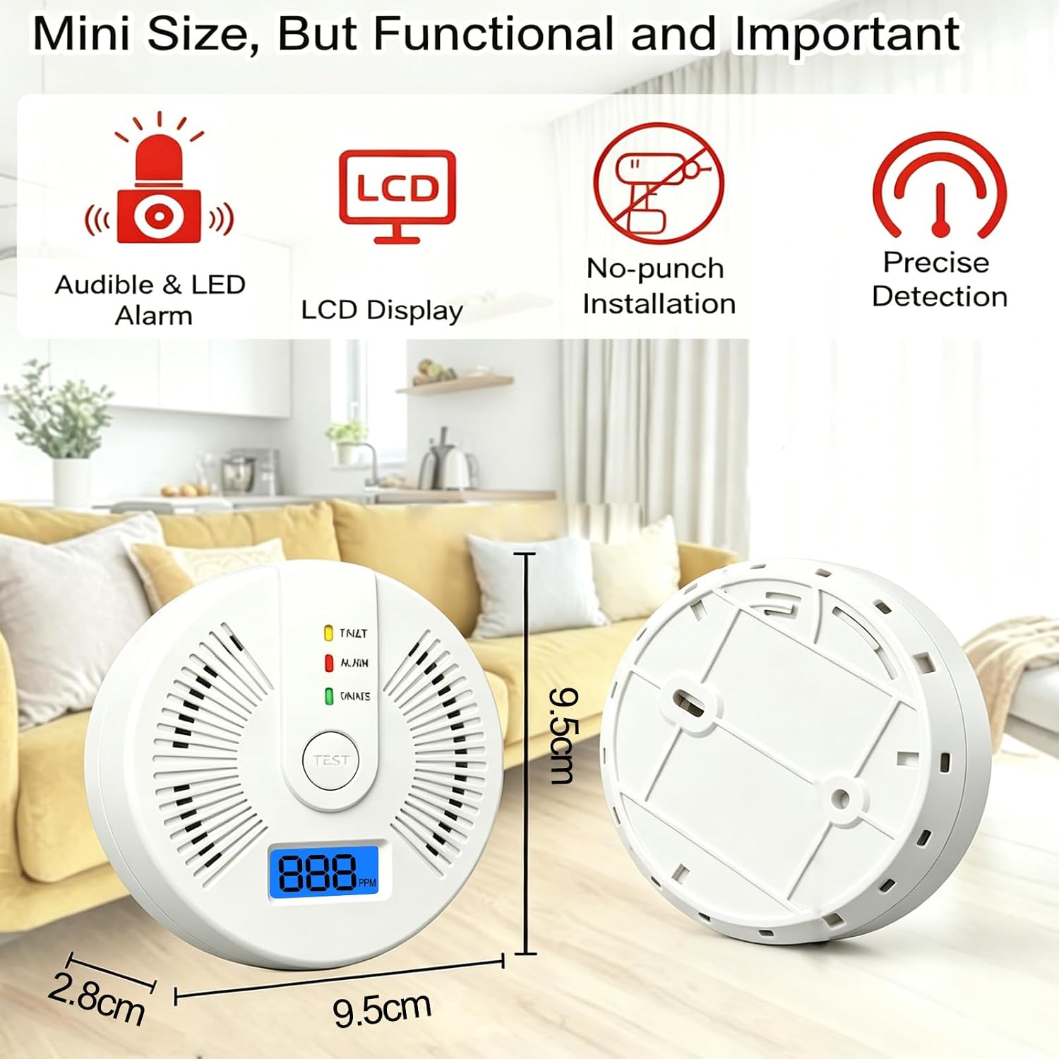 Detalle de Mini Carbon Monoxide Detector with LCD Display (2-pack) – Battery Powered CO Alarm for Home and Car