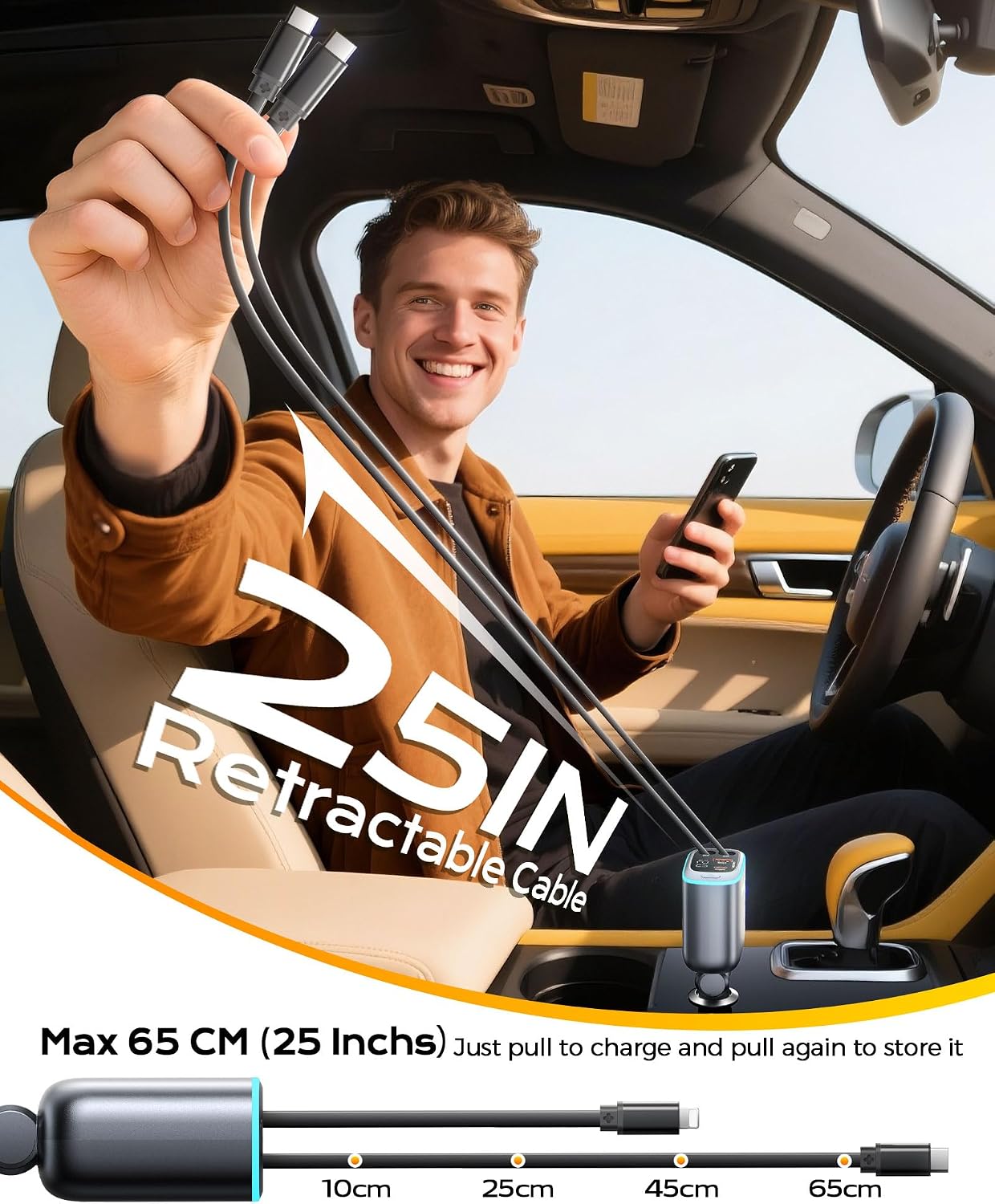 Thumbnail 1 de Retractable 4-in-1 Multi Fast Car Charger with Dual Cables (USB-C & USB-A) – Grey