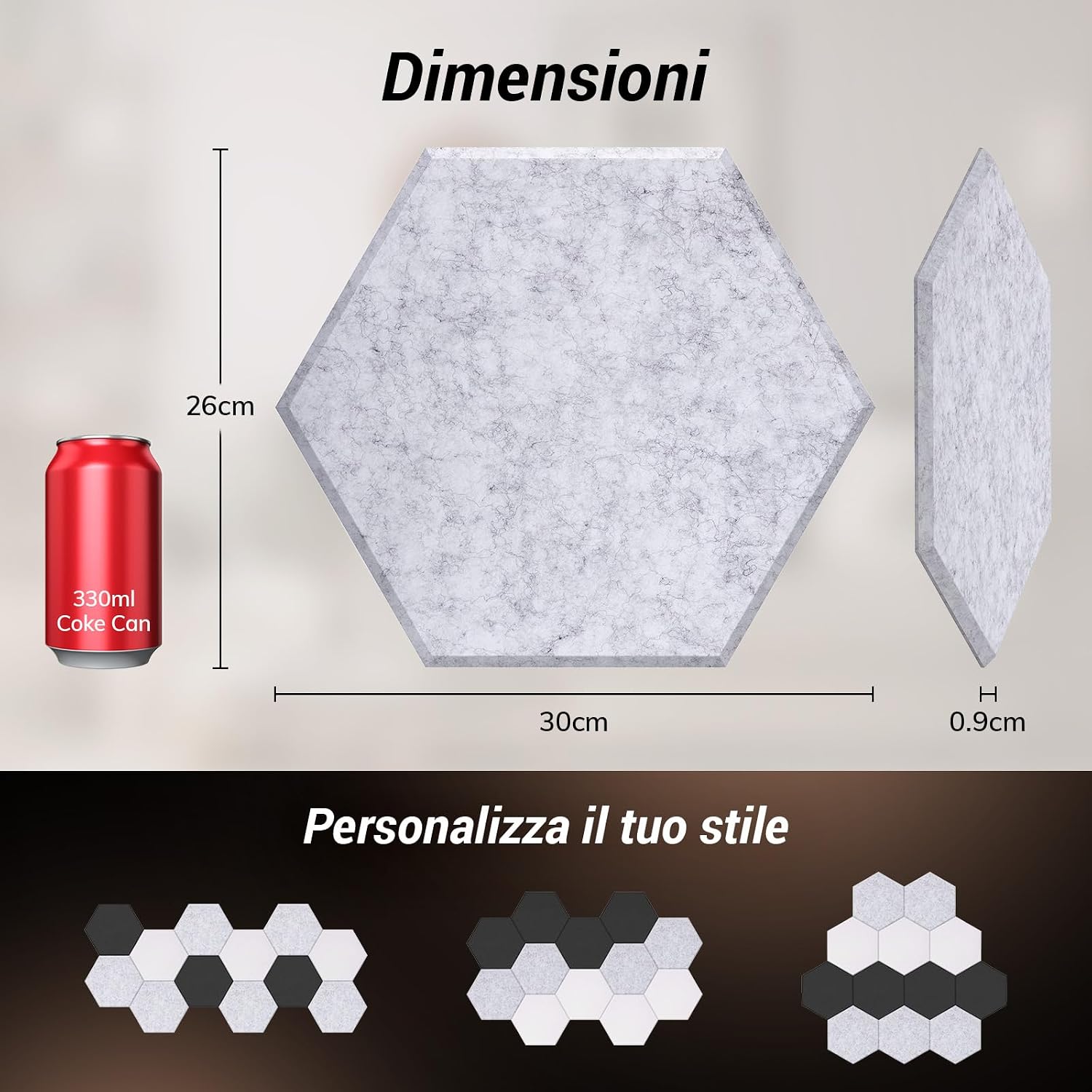 Detalle de TONOR Set di 12 Pannelli Acustici Murali Autoadesivi 30x26x1 cm – Pannello 3D Esagonale ad Alta Densità