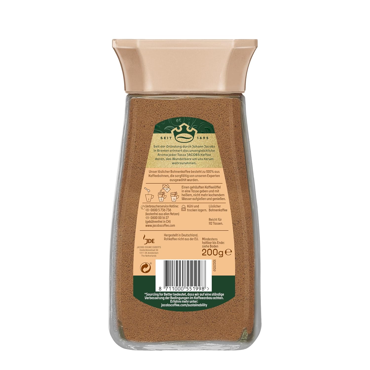 Detalle de Jacobs Crema löslicher Kaffeegenuss im Glas – 200 g (112 Tassen)