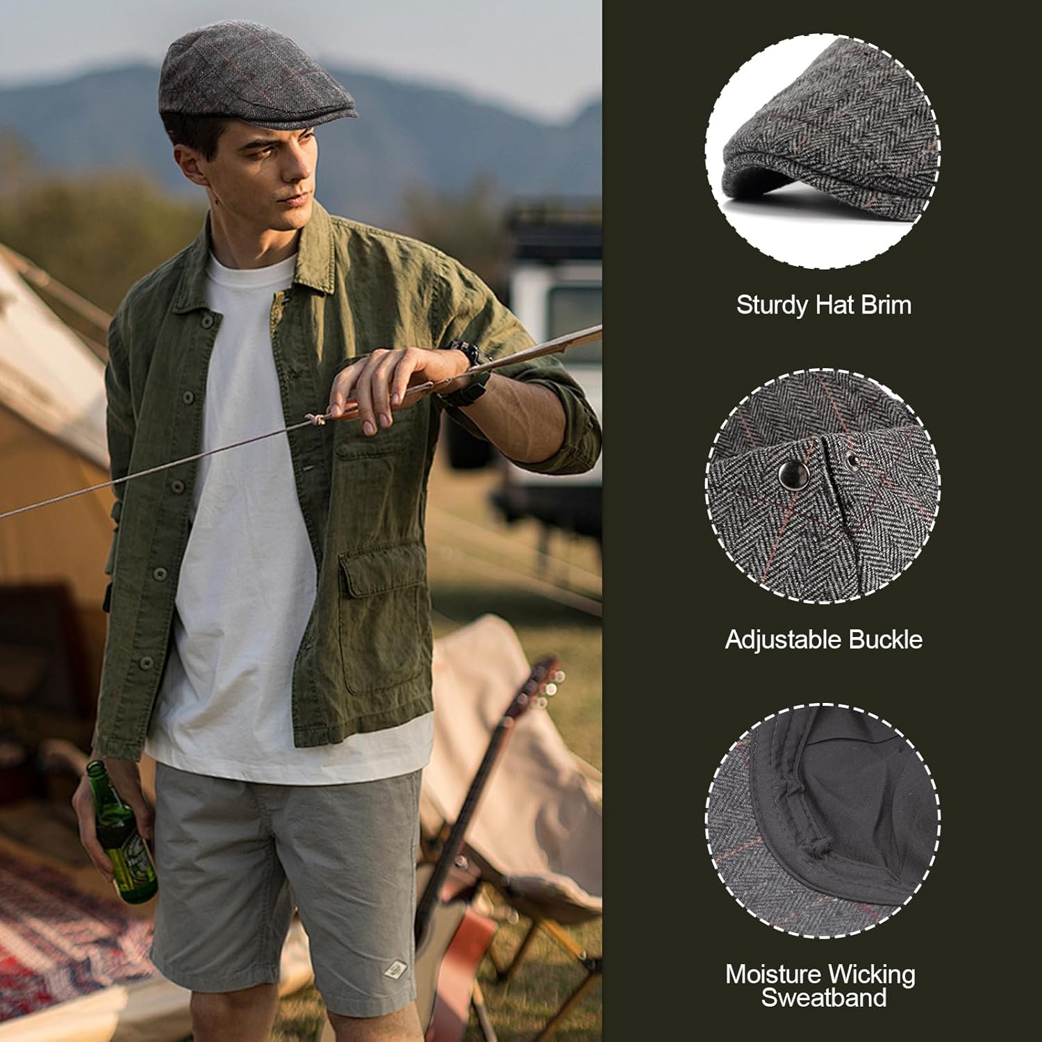 Thumbnail 3 de YAMEIZE Retro Flat Cap for Men (Baker Boy / Ivy Adjustable Newsboy Hat) in Cotton
