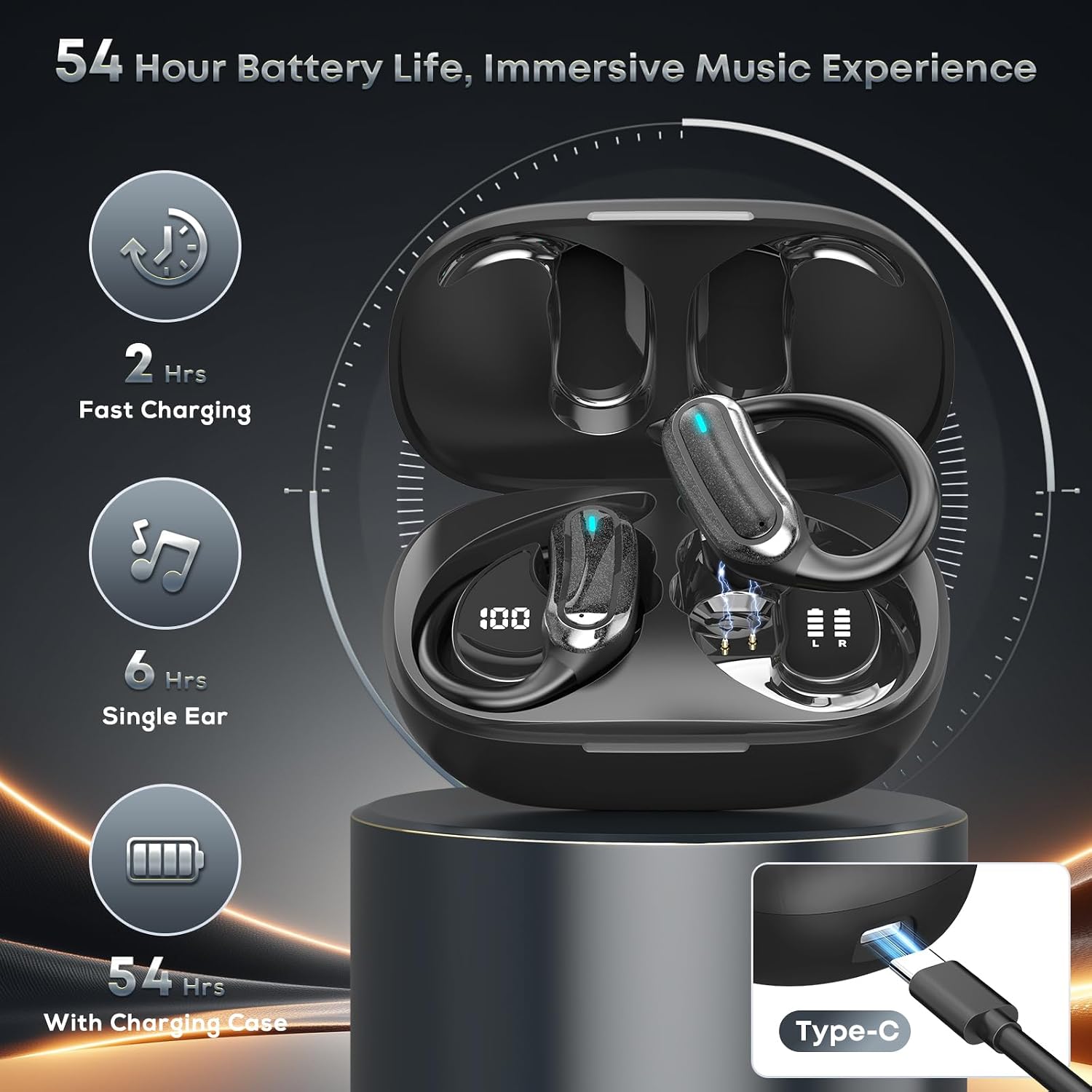 Detalle de TRAUSI i27 Wireless Earbuds with Earhooks, 54-Hour Case Playback and IPX7