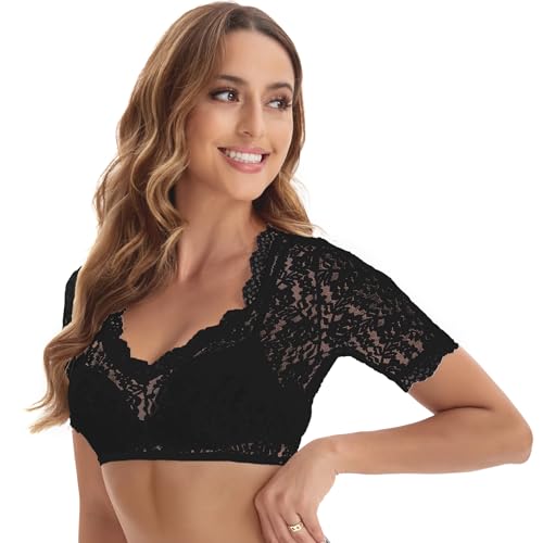 Detalle de Adisno Dirndl Bluse Damen – Spitze, tiefer V-Ausschnitt, Schwarz