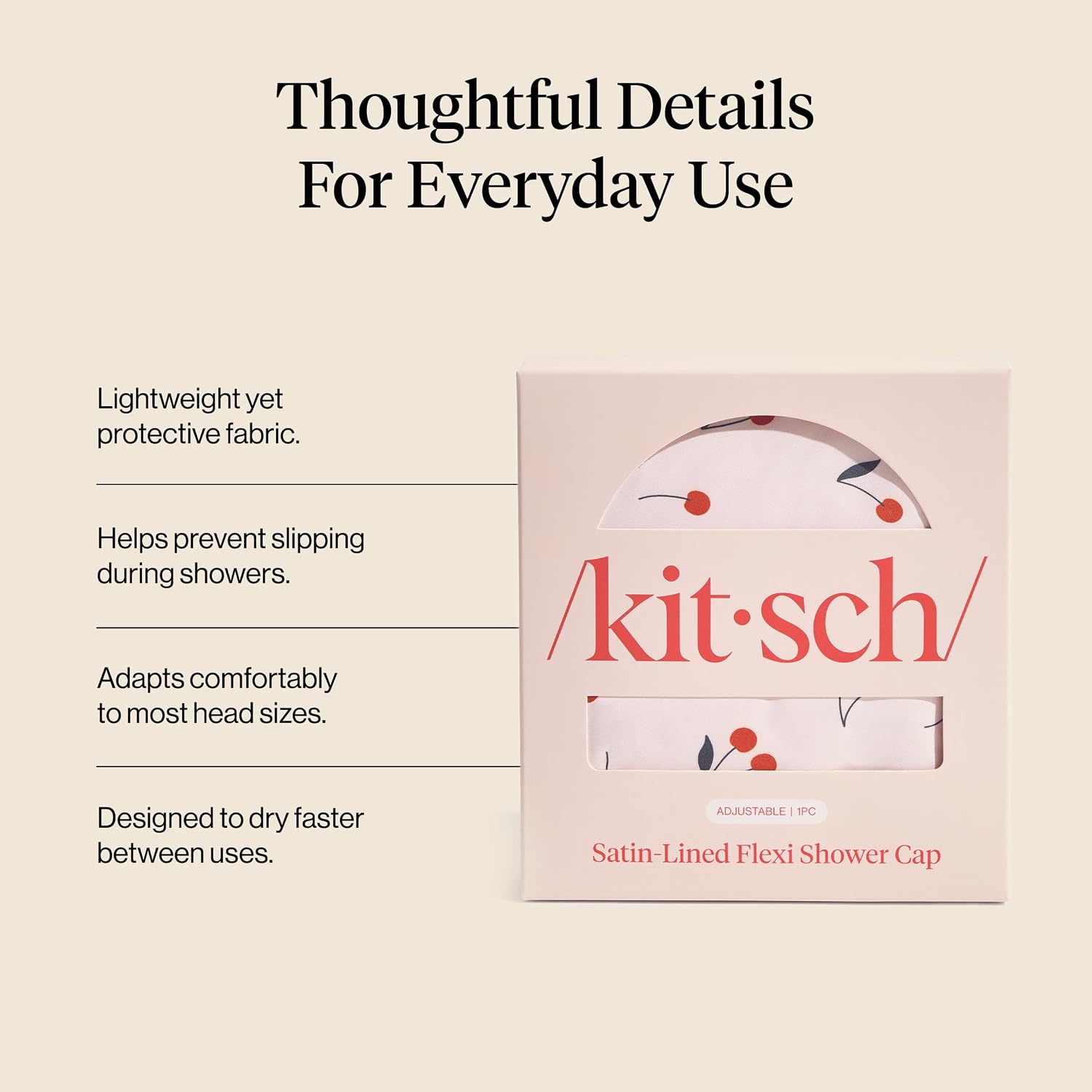 Detalle de Kitsch Luxury Shower Cap for Women – Reusable Waterproof, Large, Cherry Print