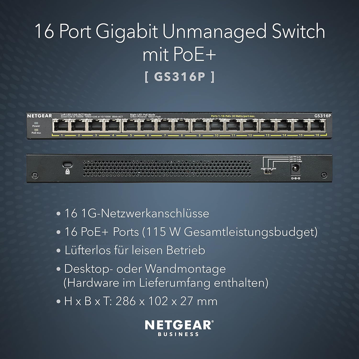 Thumbnail 1 de NETGEAR GS316P 16-Port Gigabit Ethernet Unmanaged Essentials PoE+ Switch (16× PoE+ bis 115 W)