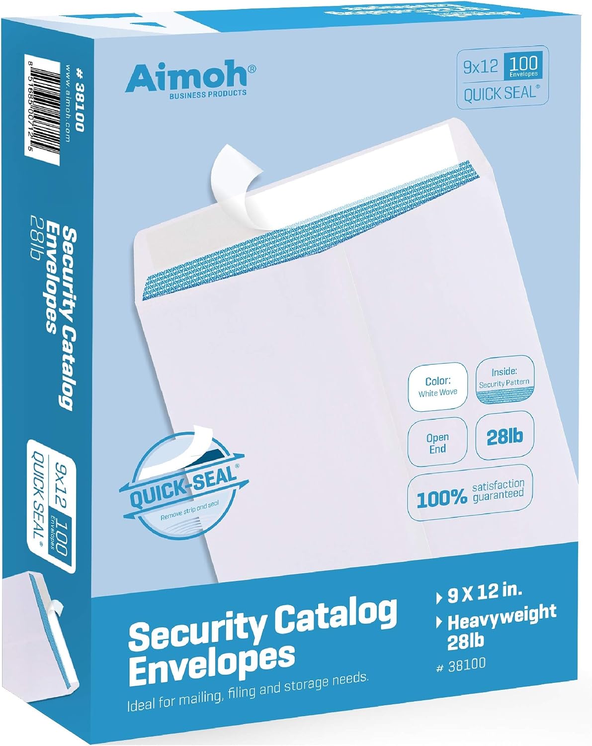 Detalle de Aimoh 38100 9 x 12 Security Envelopes, Self-Seal, White, 28 lb, 100 Count