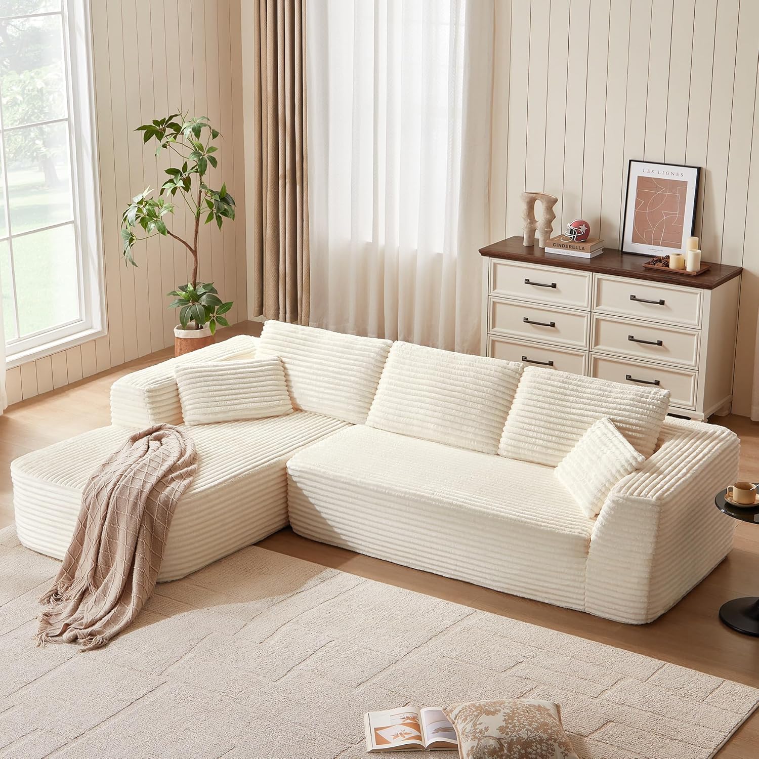 LINSY HOME Ecksofa mit Schlaffunktion (270 cm) aus Corduroy, L-Form mit Ottomane und modularen Segmenten – beige