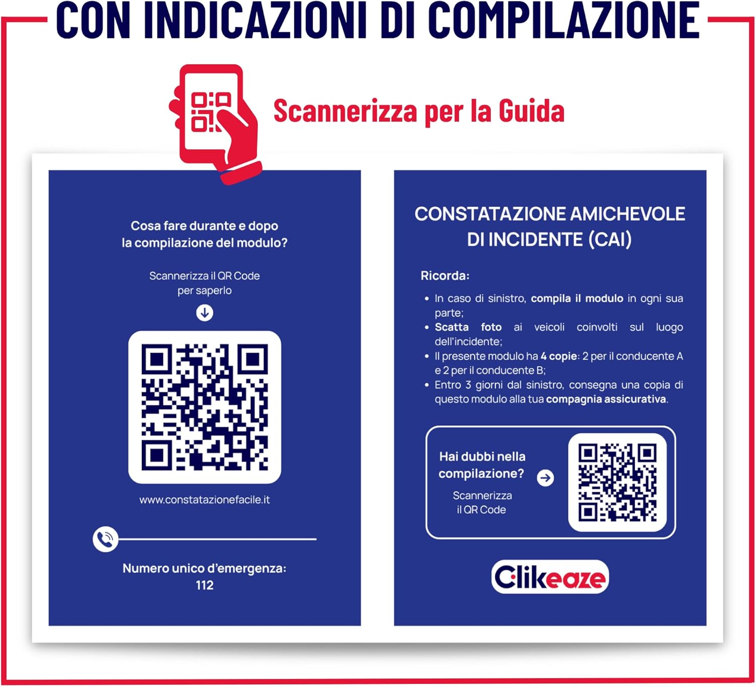 Detalle de Clikeaze Constatazione Amichevole di Incidente CAI – x3 Moduli, 4 Copie Autoricalcanti ciascuno