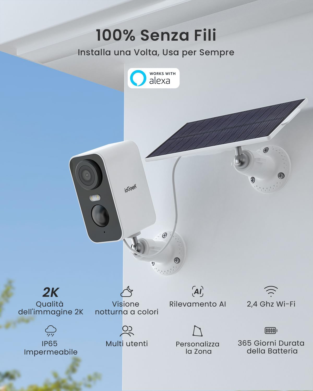 Thumbnail 1 de ieGeek 2K Telecamera Wi-Fi Esterno con Pannello Solare: Sorveglianza senza fili, impermeabile IP66