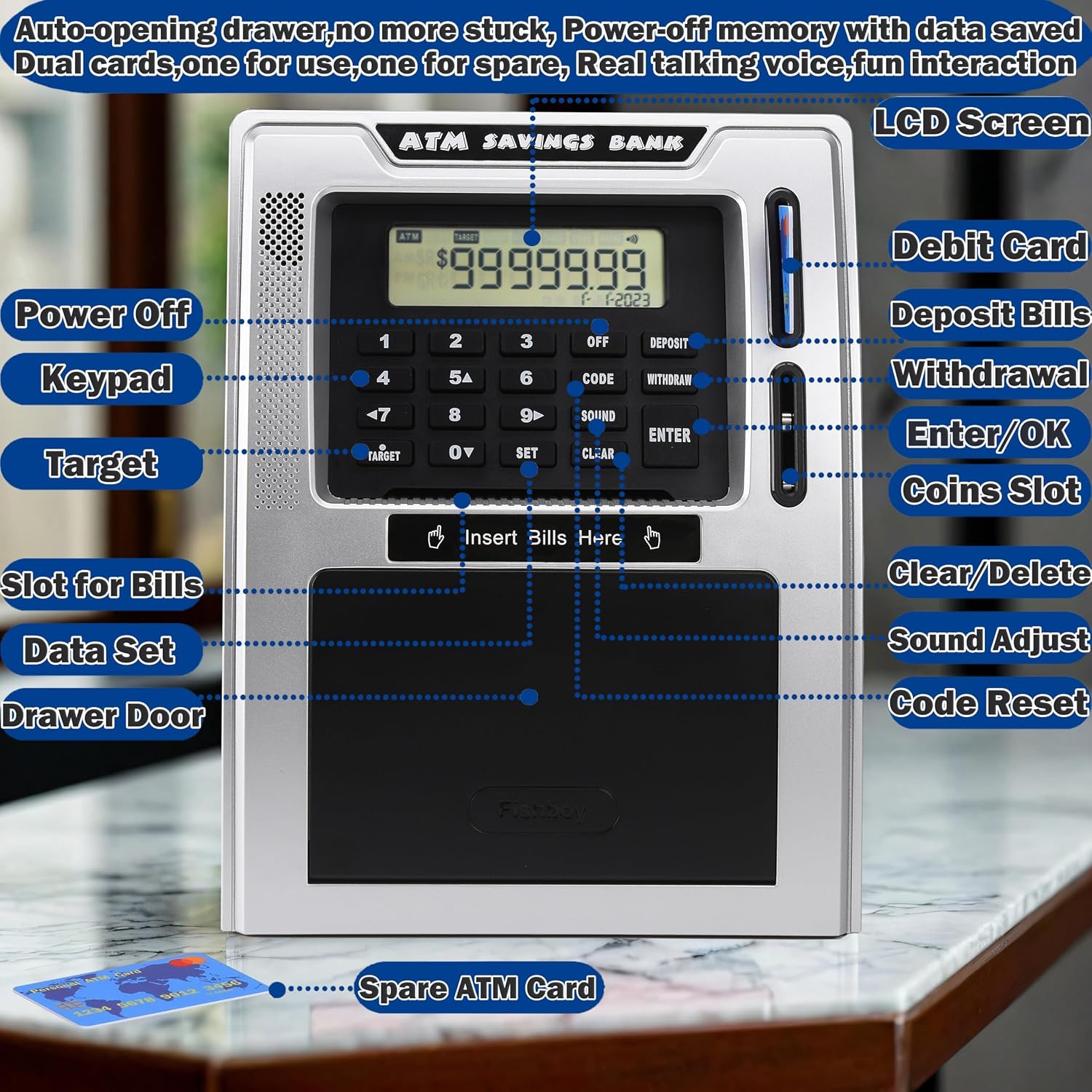 Detalle de Talking ATM Piggy Bank for Kids with Dual Debit Cards and Coin Recognition