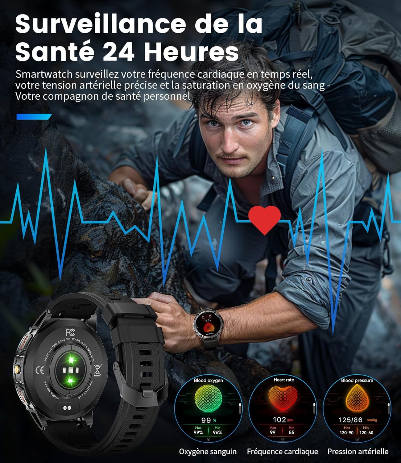 Thumbnail 4 de BENYAR SMART Montre Connectée Militaire 1.43" AMOLED – Bluetooth, IP68, 110+ Sports, Acier Noir