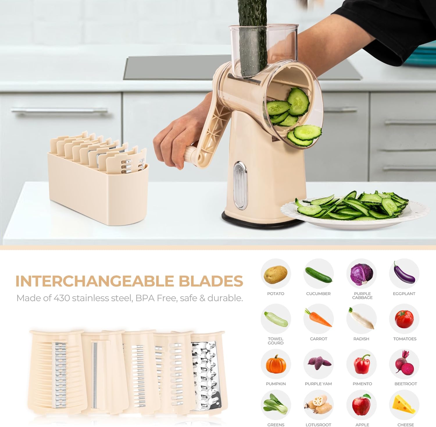 Detalle de SUSTEAS Rotary Cheese Grater 5-blade 🧀