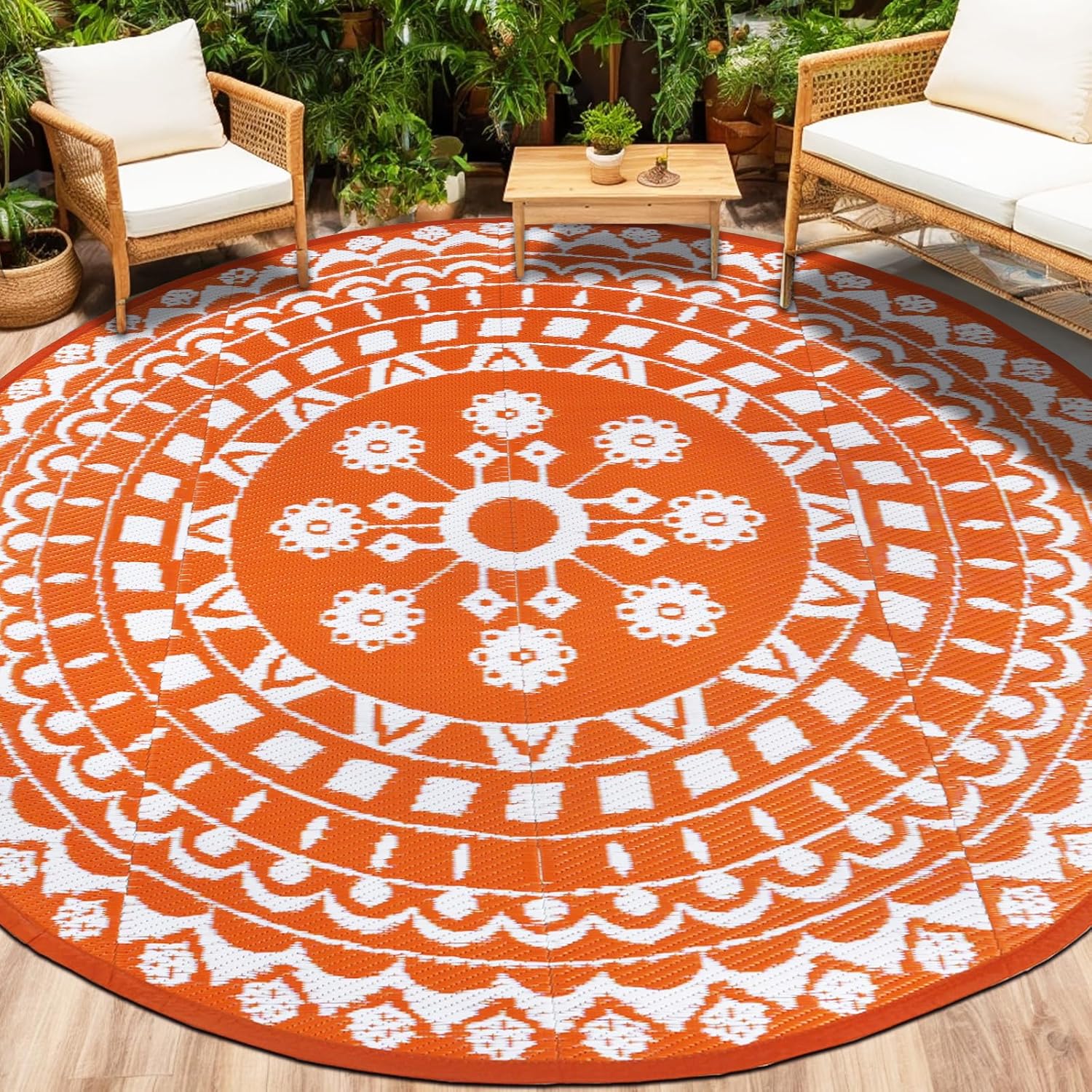 Thumbnail 5 de Capslpad 180cm Round Outdoor Patio Rug – Waterproof Reversible Plastic Straw Boho Mat