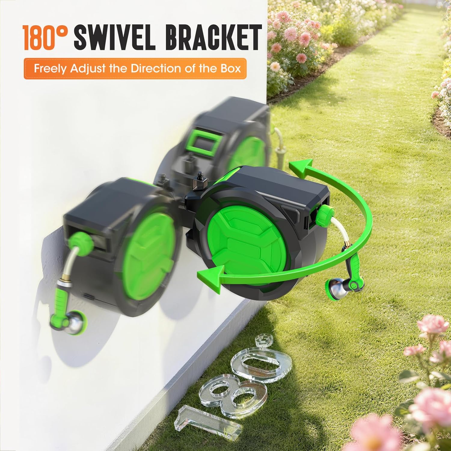 Detalle 2 de Garden Hose Reel 2-in-1 Wall Mounted Portable Auto Rewind Hose Reel with 180° Swivel Bracket, Any Length Lock & 9-Pattern Nozzle (1/2in 30+2m)