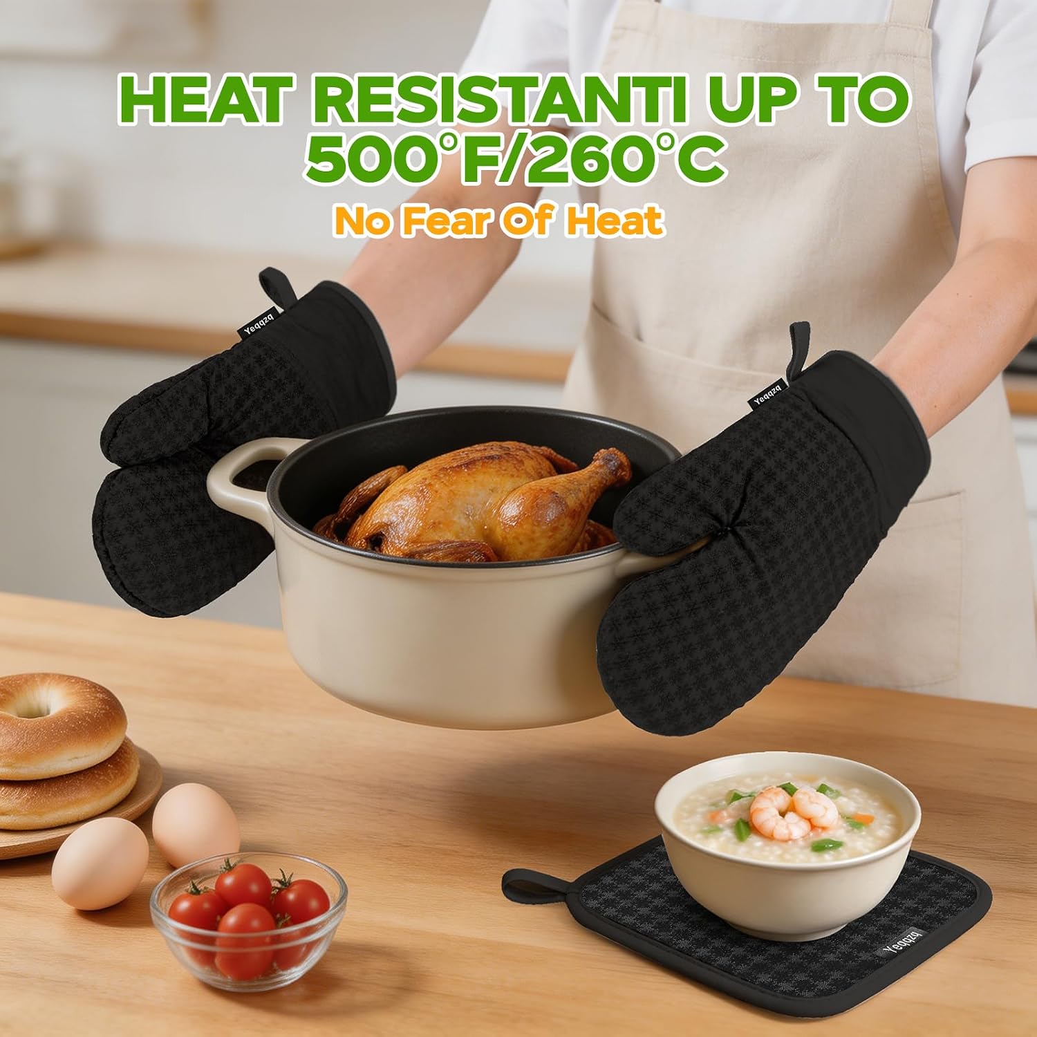 Thumbnail 6 de Yeqqzq 6-piece oven mitts and pot holders set with non-slip silicone, extra-long gloves (black)