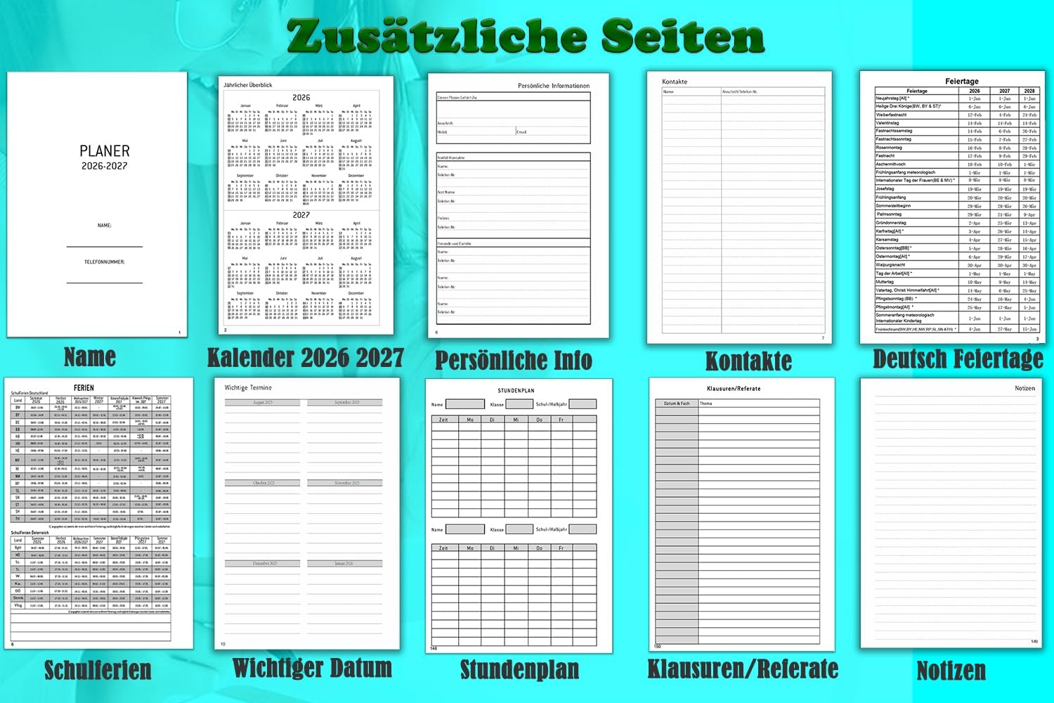 Thumbnail 5 de 2026/2027 Wochenplaner-Einlage A5 mit 6 Löchern – Kompatibel mit Filofax, August 2026 bis Juli 2027