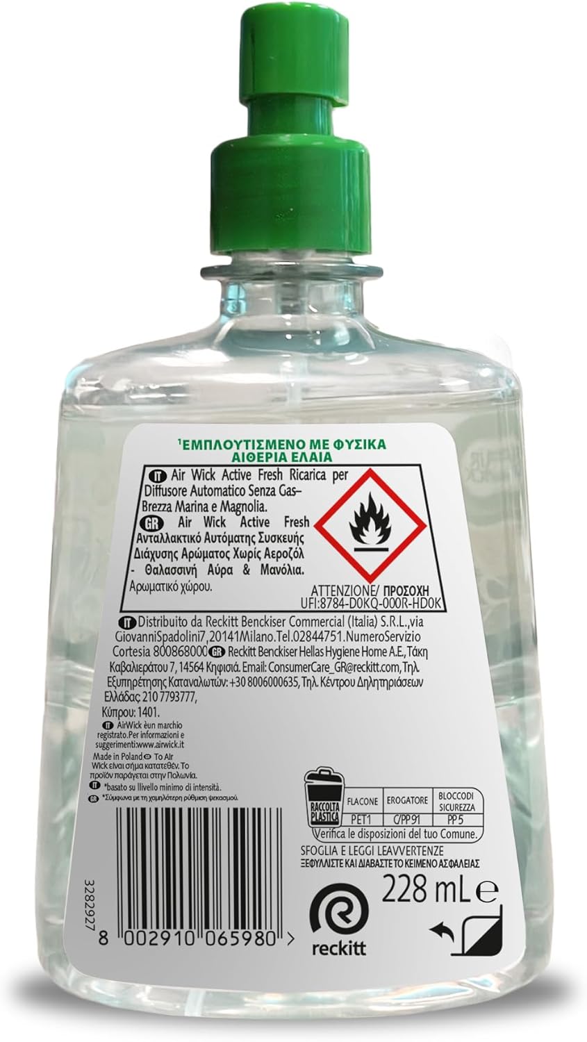 Detalle de Airwick Active Fresh Deodorante per Ambienti – Ricarica per diffusore spray automatico senza gas, Brezza Marina e Magnolia, 228 ml (Confezione da 1)