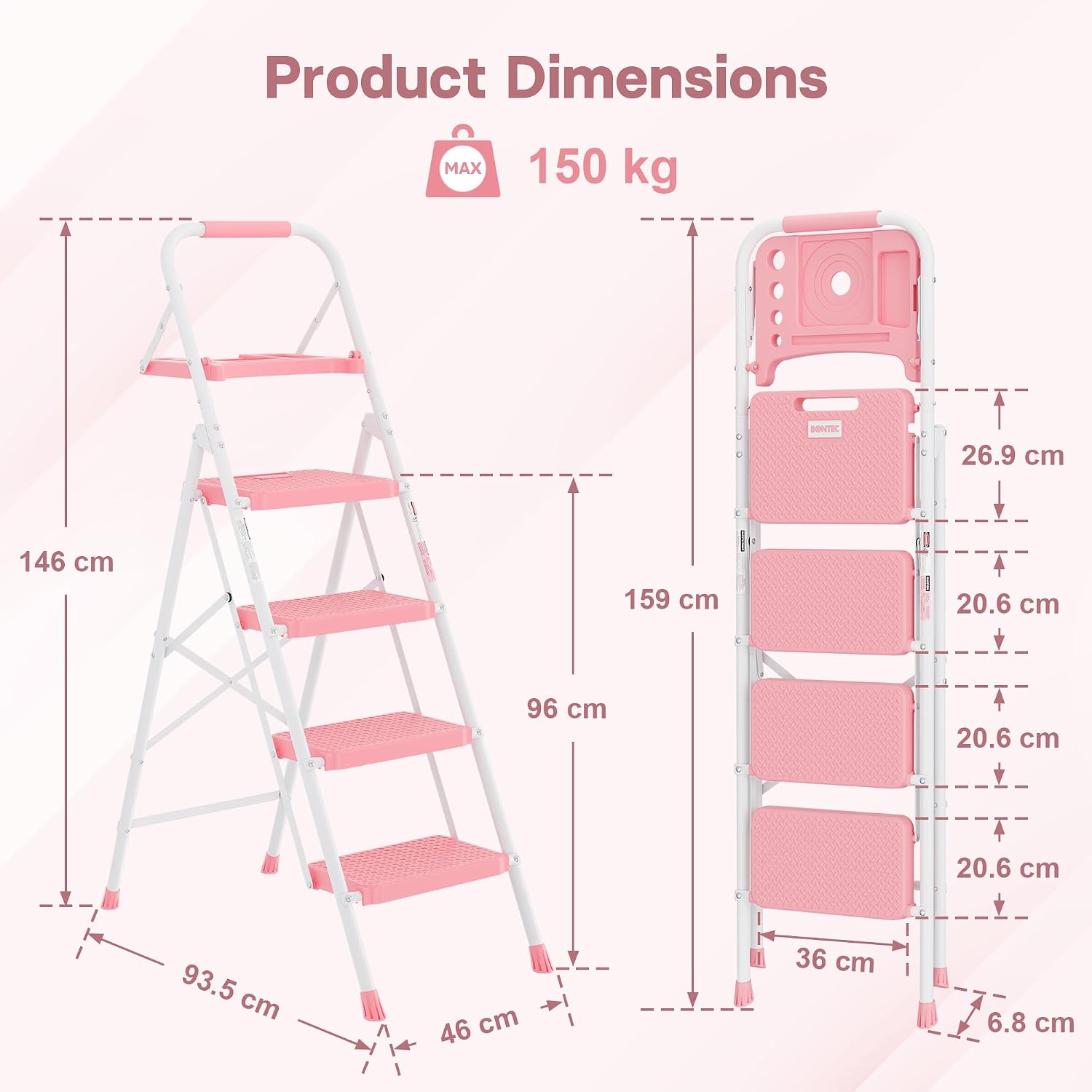 Detalle de BONTEC Klapp Trittleiter mit 4 Stufen, 150-kg-Tragfähigkeit und Anti-Rutsch-Pedalen in Rosa