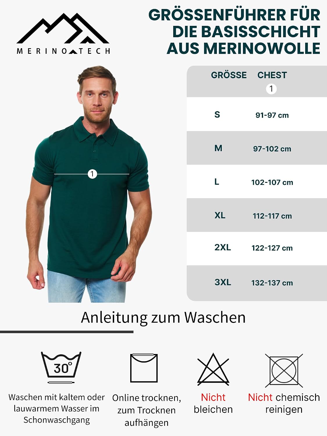 Detalle de Merino Poloshirt Herren Kurzarm Langarm