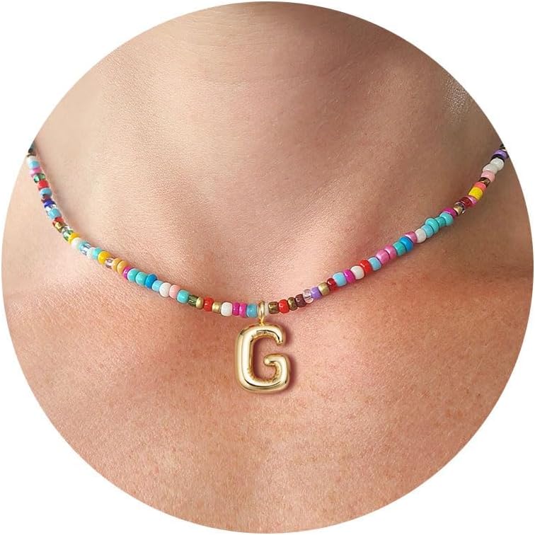 HANLI Colourful Initial Necklaces for Girls & Women – Gold Bubble Pendant Beaded Boho Choker