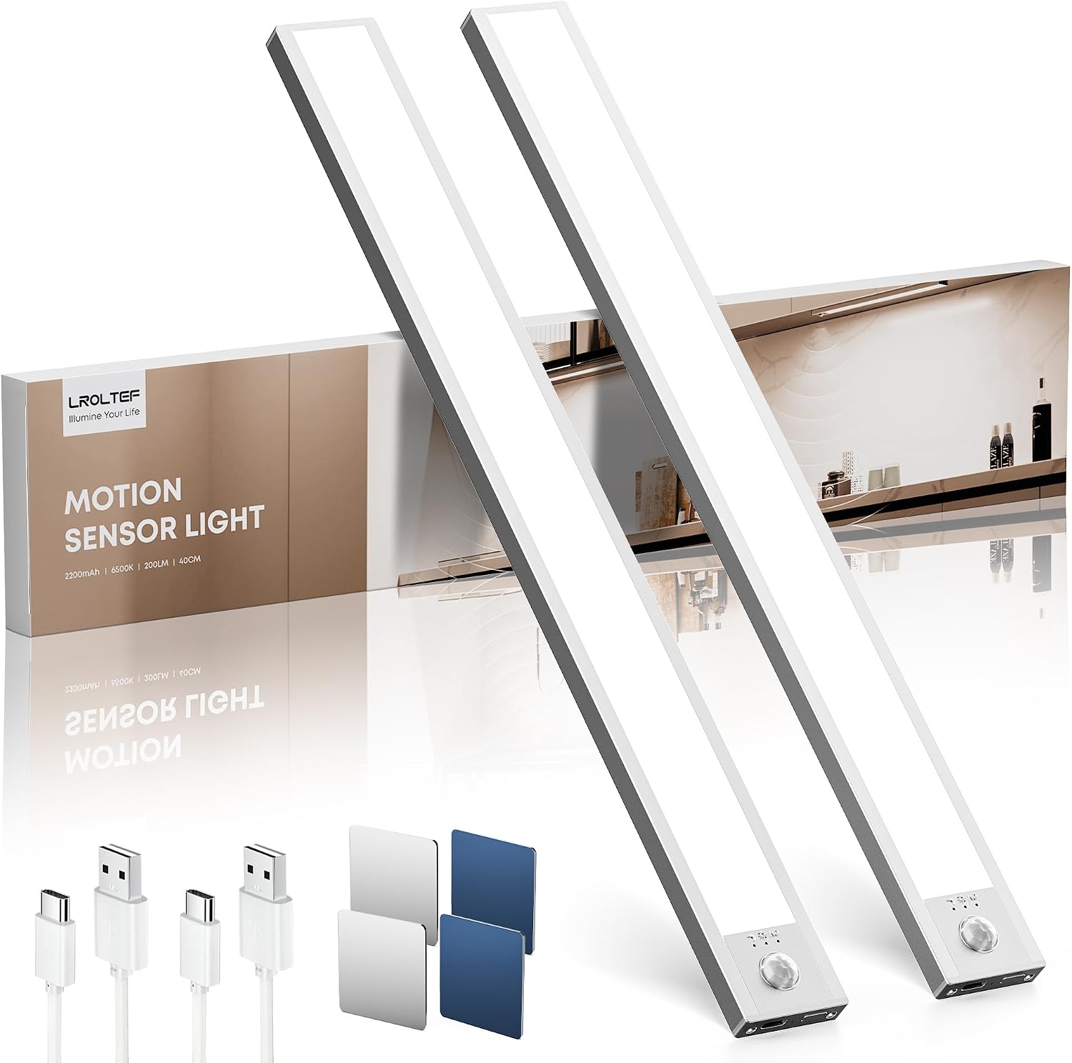 Detalle de Schrankbeleuchtung LED Unterbauleuchte mit Bewegungsmelder (2 Stück) – 40 cm, USB-C, dimmbar, magnetische Befestigung