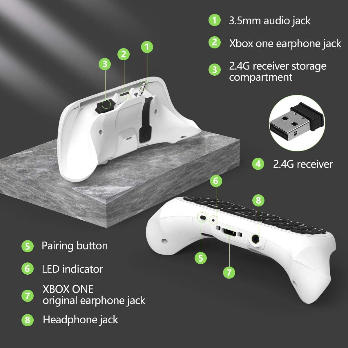 Detalle 2 de TiMOVO Green Backlight Keyboard for Xbox One / Series X|S – Wireless Chatpad with Headset Jack