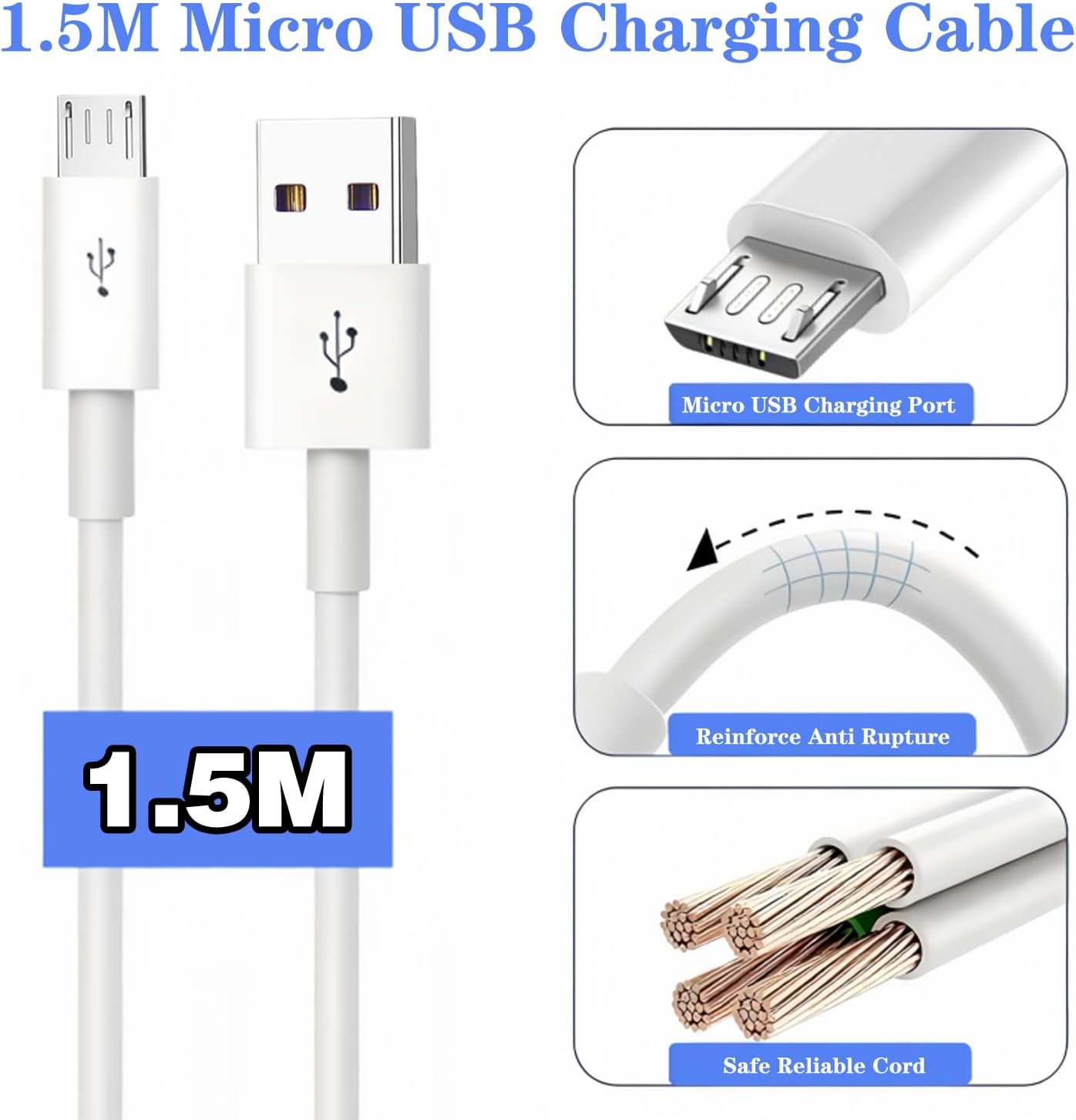 Detalle de Micro USB Cable for Old Android Phones (USB A to Micro-USB) 1.5m Charging Cable