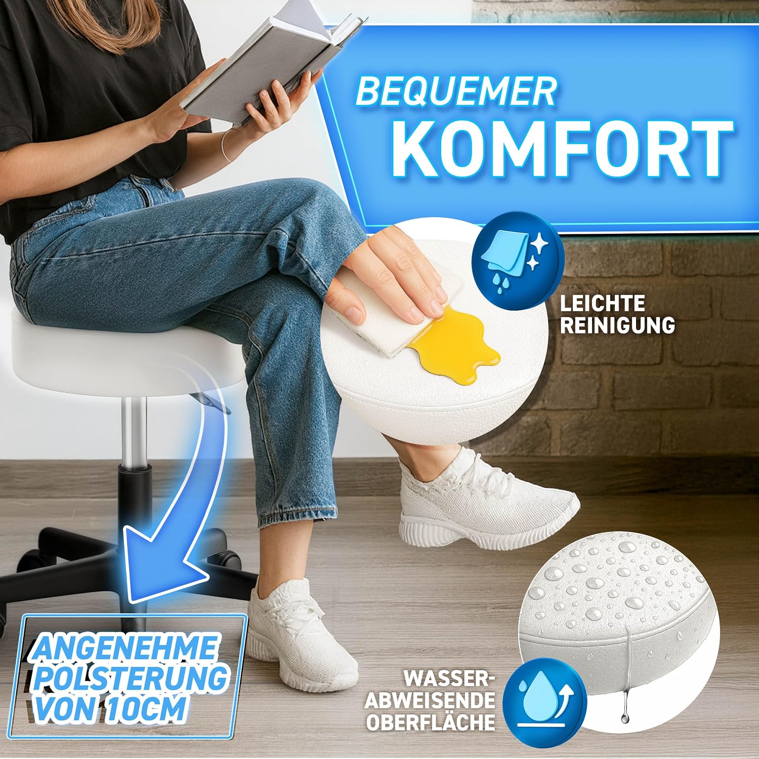 Thumbnail 6 de TRESKO Rollhocker höhenverstellbar Beige bis 150 kg – 360° Drehhocker mit Rollen