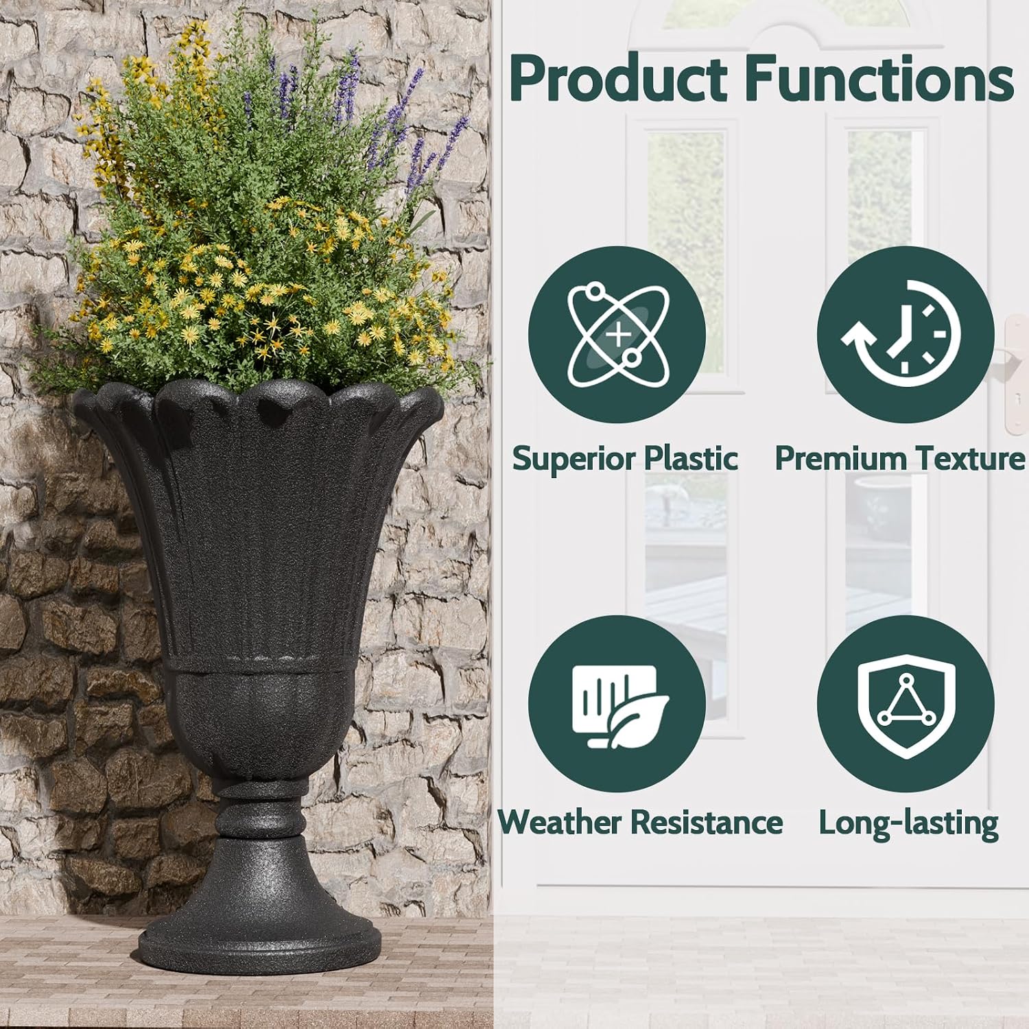Detalle de Trygoal Tall HDPE Urn Planters, 23.62-Inch Black Petal Set of 2