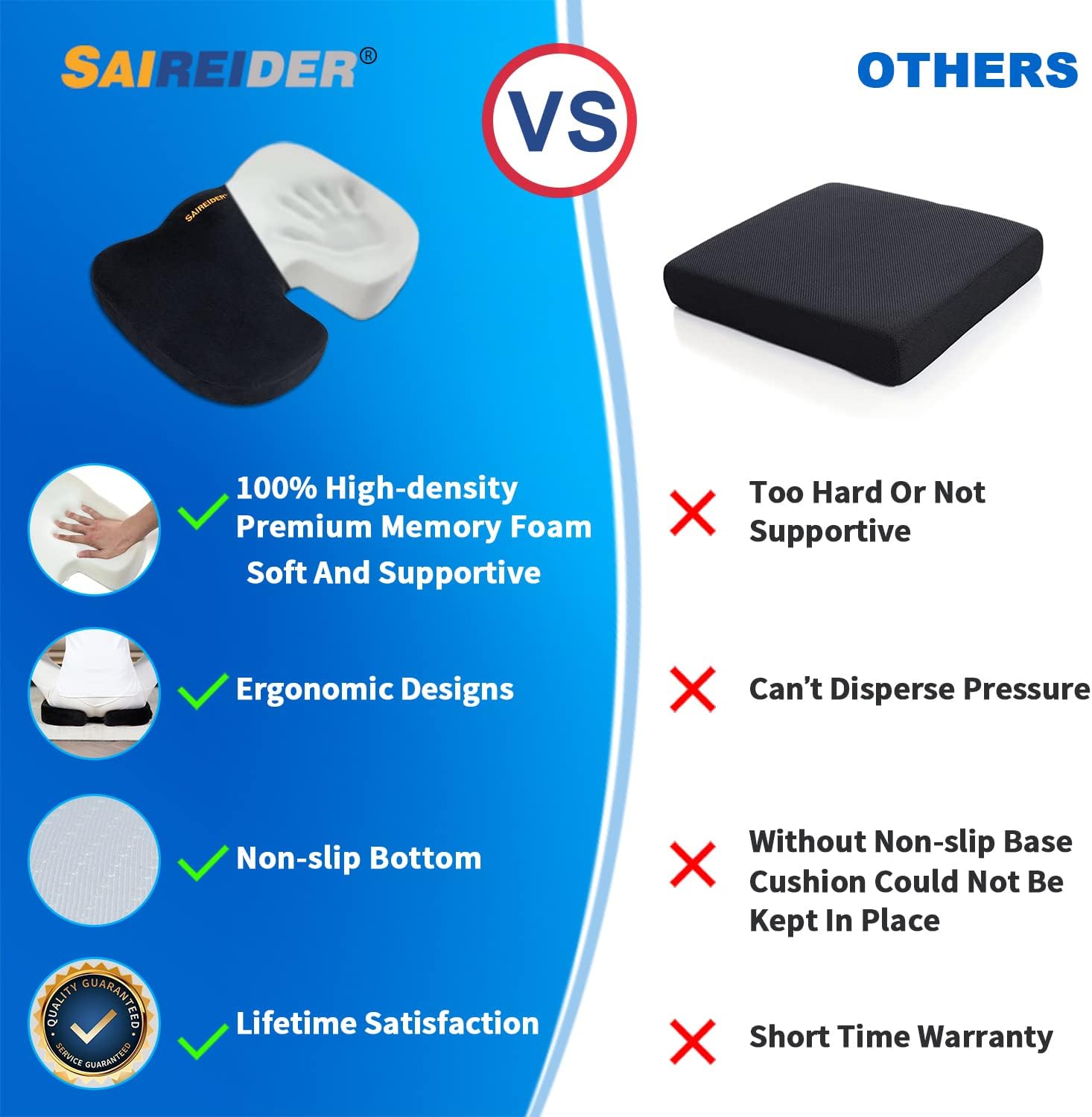 Detalle 2 de SAIREIDER SC-B0402 Memory Foam Coccyx Seat Cushion with Removable Cover