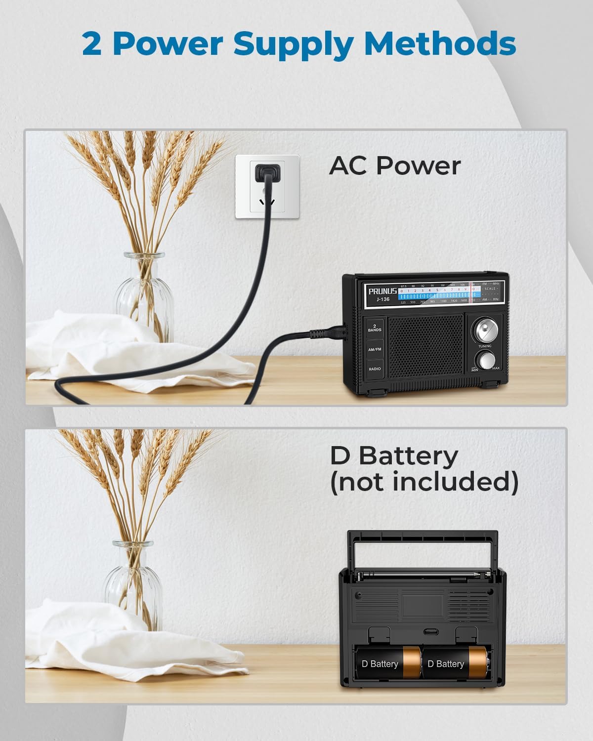 Detalle de PRUNUS J-136 Portable AM/FM Radio with AC or Battery Power, AUX and Mic Input