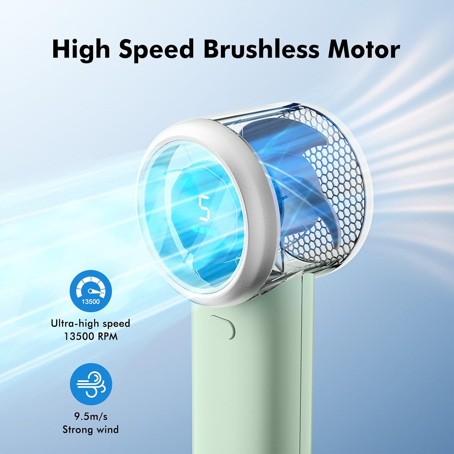 Detalle de WHATOOK Portable Handheld Turbo Fan — 5 Speeds, 4000mAh Battery, Mint Green