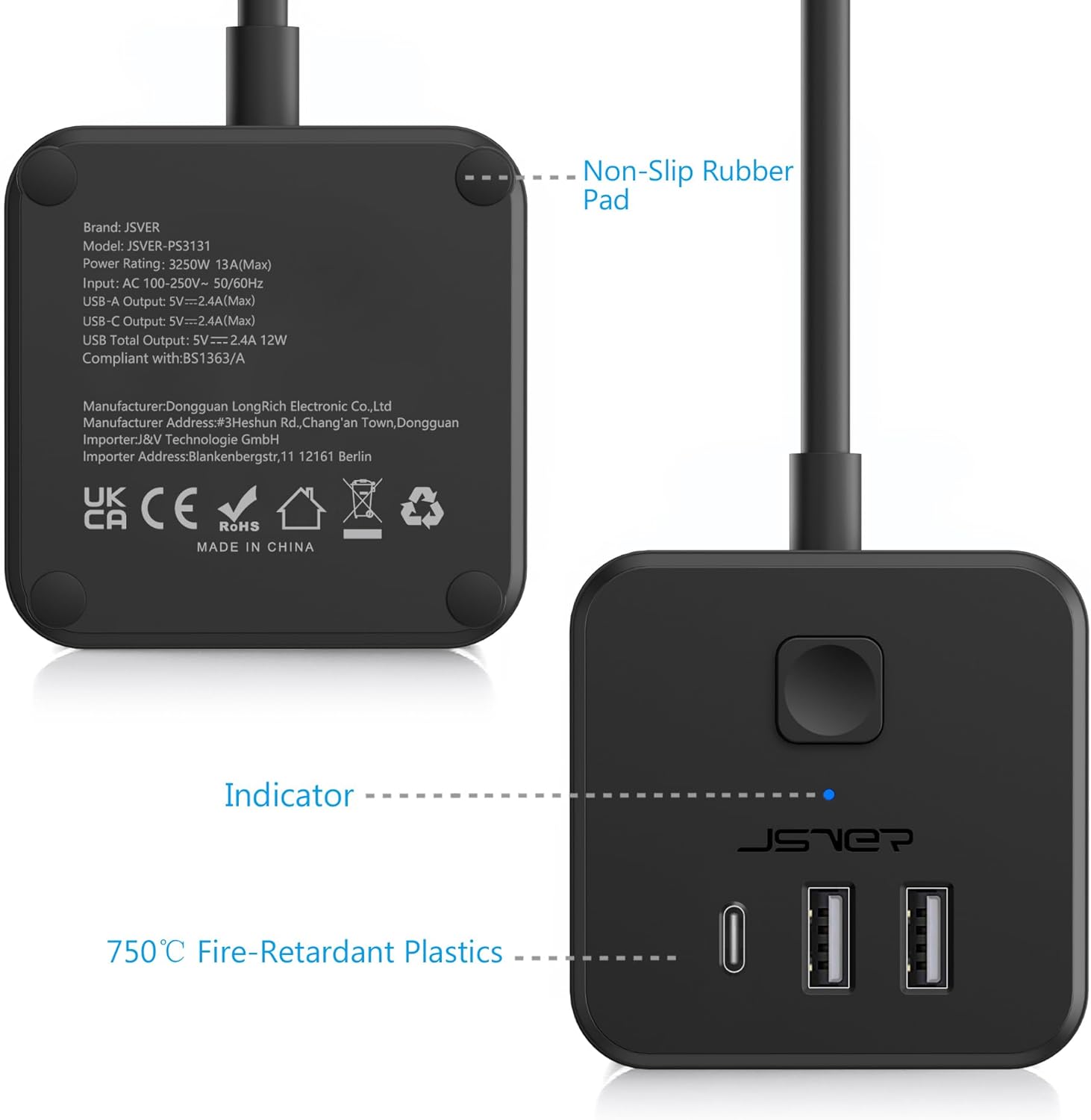 Detalle 2 de JSVER Cube Extension Lead with 3 USB Ports (5V/2.4A) and 3 AC Outlets, 200cm Cable – Black